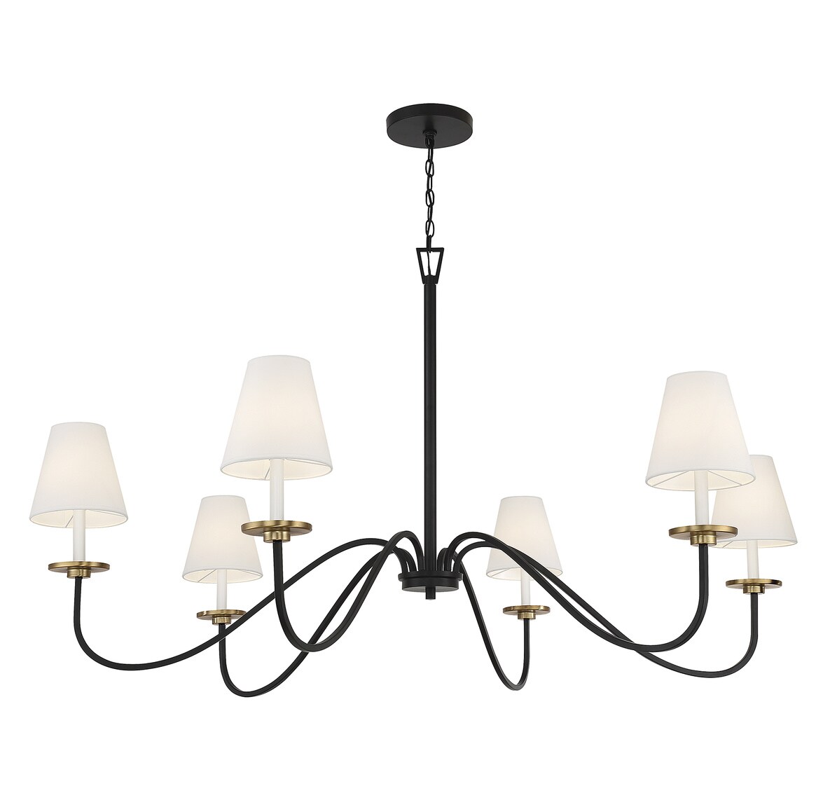 Black and Brass 6-Light Chandelier with White Shades