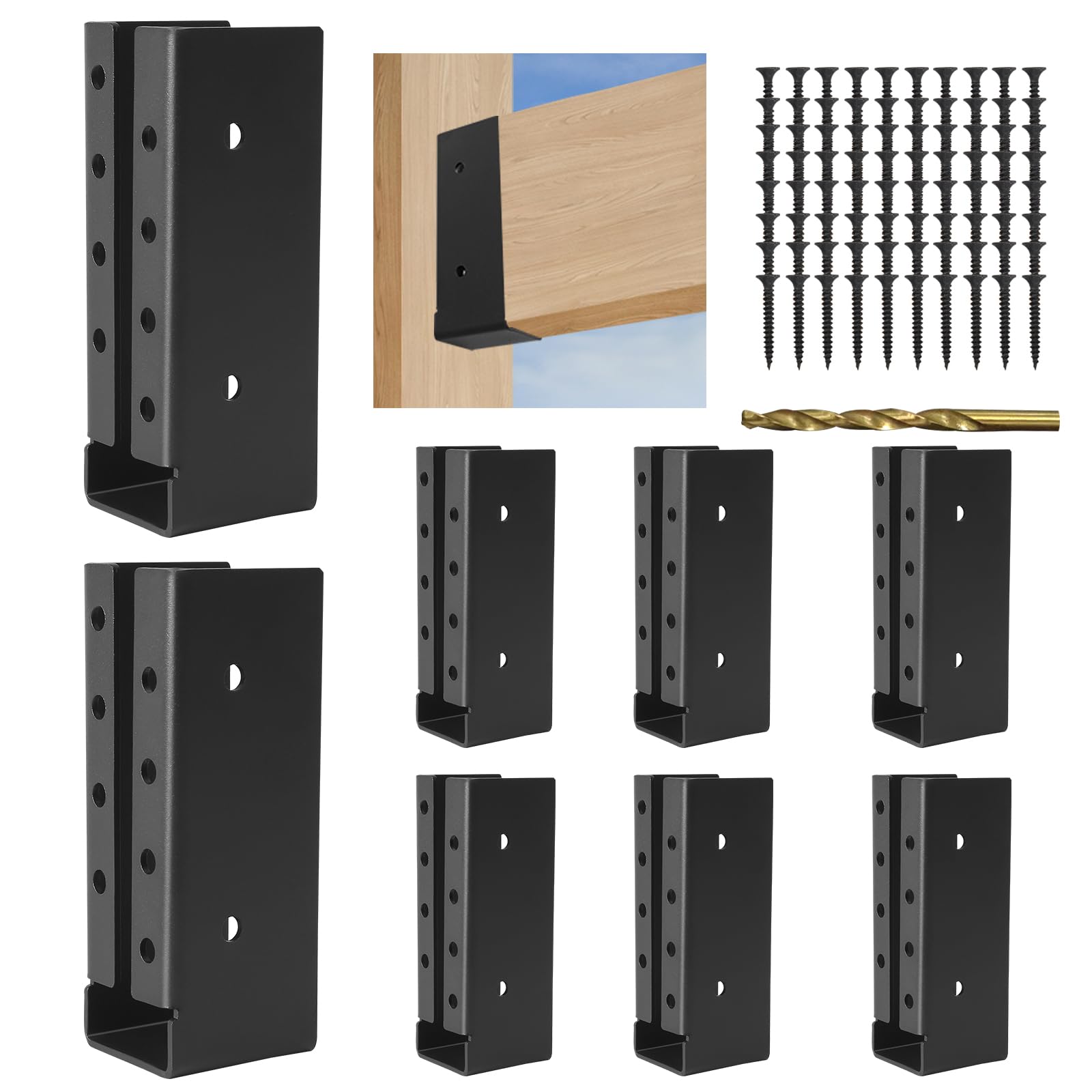 Phewnyzo  8 pcs Concealed Flange Joist Hanger Brackets Black Powder Coated Steel for 2 x 6 Lumber Wall Mount Beam Swing Handrail Fence Deck
