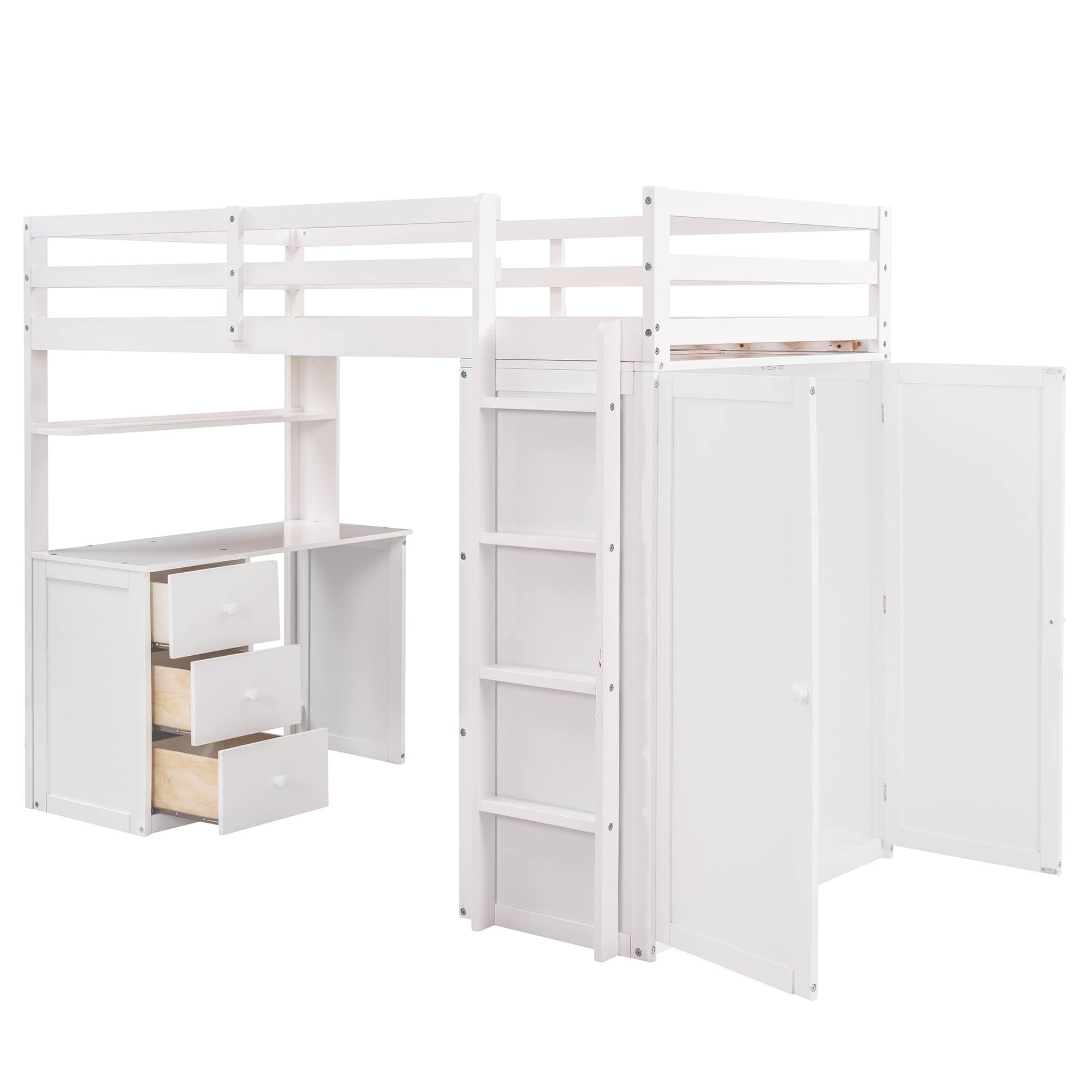 Yiekholo White Twin Loft Bed with Desk, Shelves, and Wardrobe Storage ...