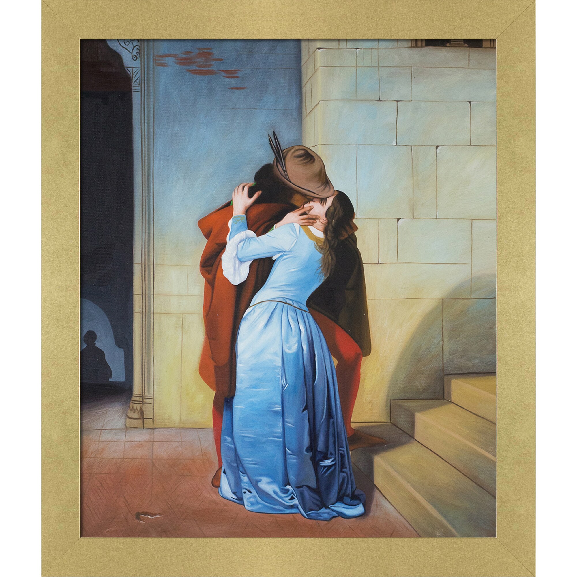 La Pastiche 688576886657 The Kiss Francesco Hayez Gold Wood Framed 24-Inches H x 28-Inches W People Canvas Hand-Painted Painting
