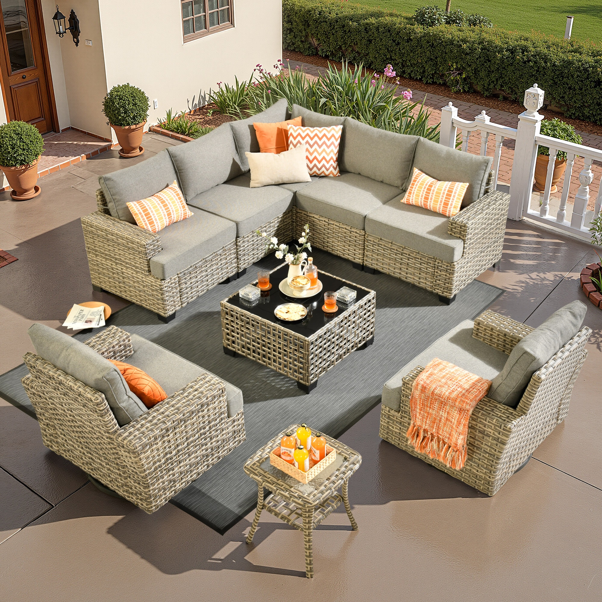 ALTRIGUS 6L-YZTBS2092-AL 9 -Piece Wicker Patio Sofa Conversation Set with Dark Gray Cushions