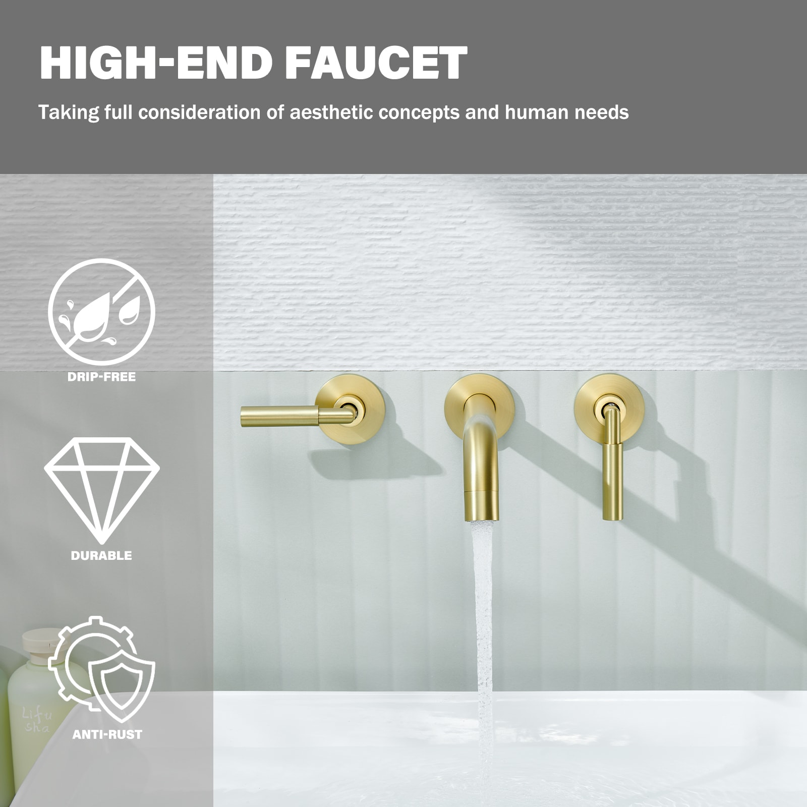 Brushed Gold Wall-Mounted Dual Handle Bathroom Faucet