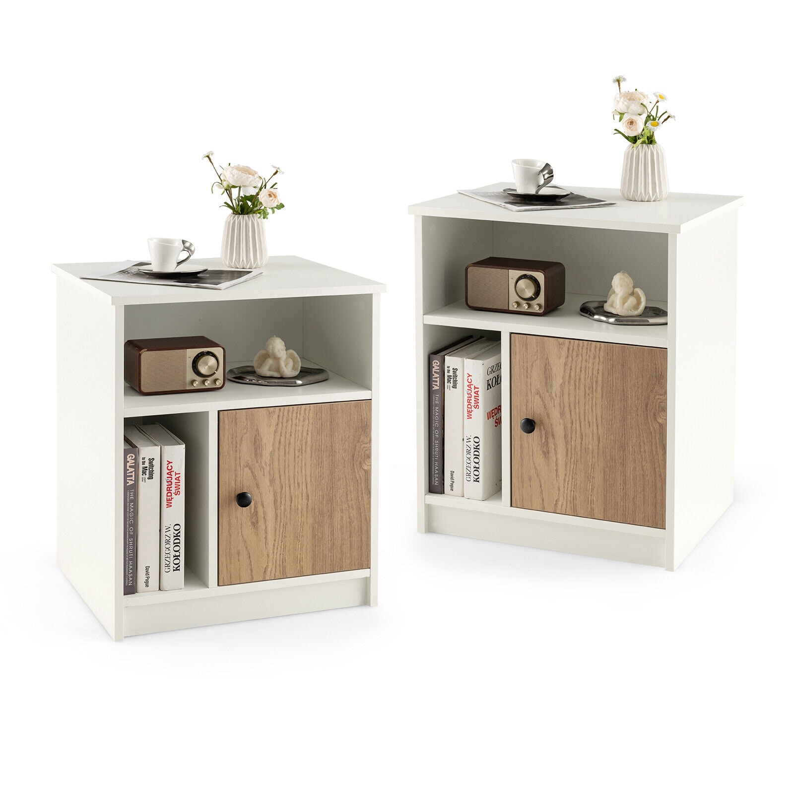 White and Light Brown MDF Nightstand Set with Open Shelves