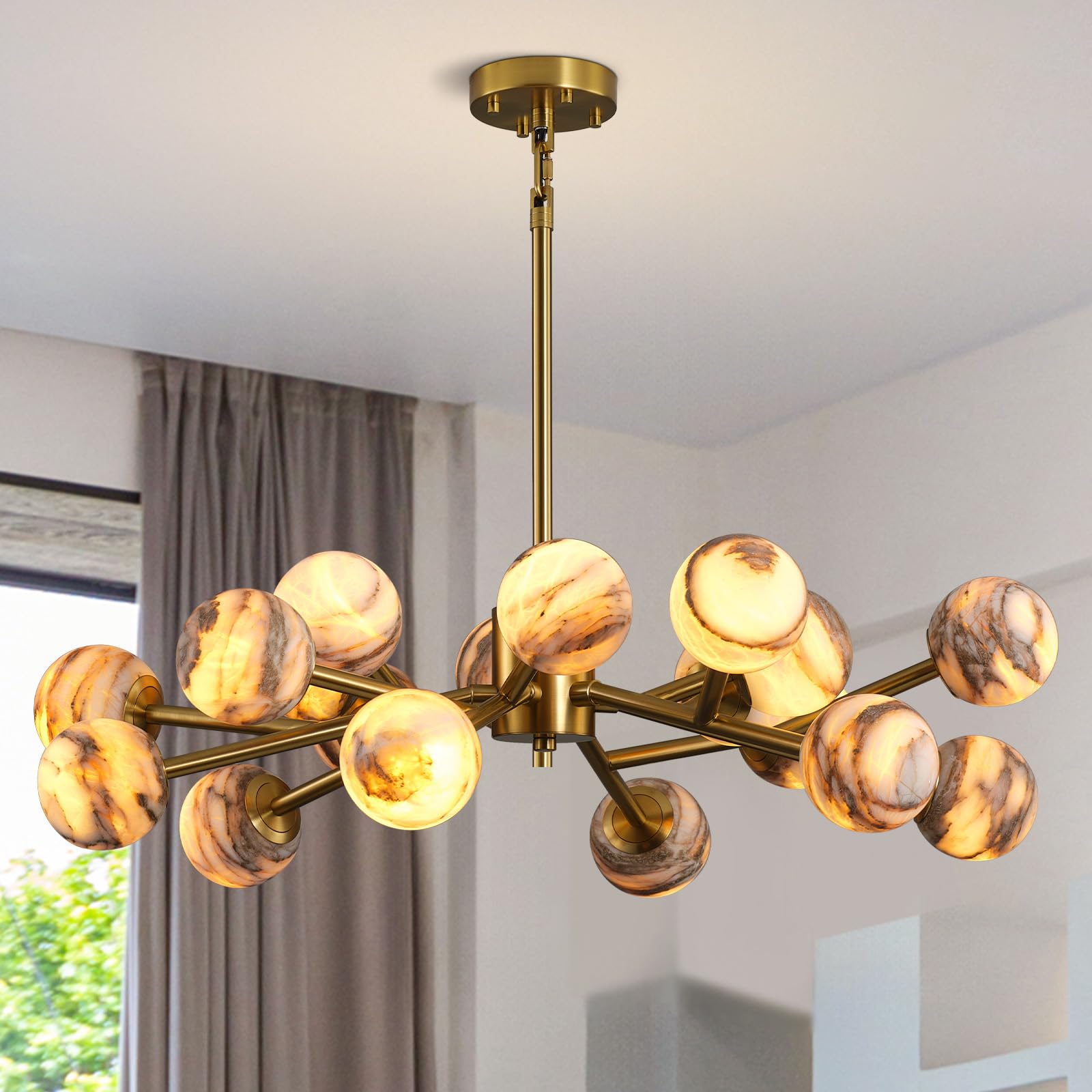 Gleam Flare Large Modern Sputnik Alabaster Chandelier 18 Light Gold Alabaster Globe Chandeliers Brushed Brass Finish Adjustable Height  Sloped Ceiling Compatible for Living Room Dining Room Bedroom