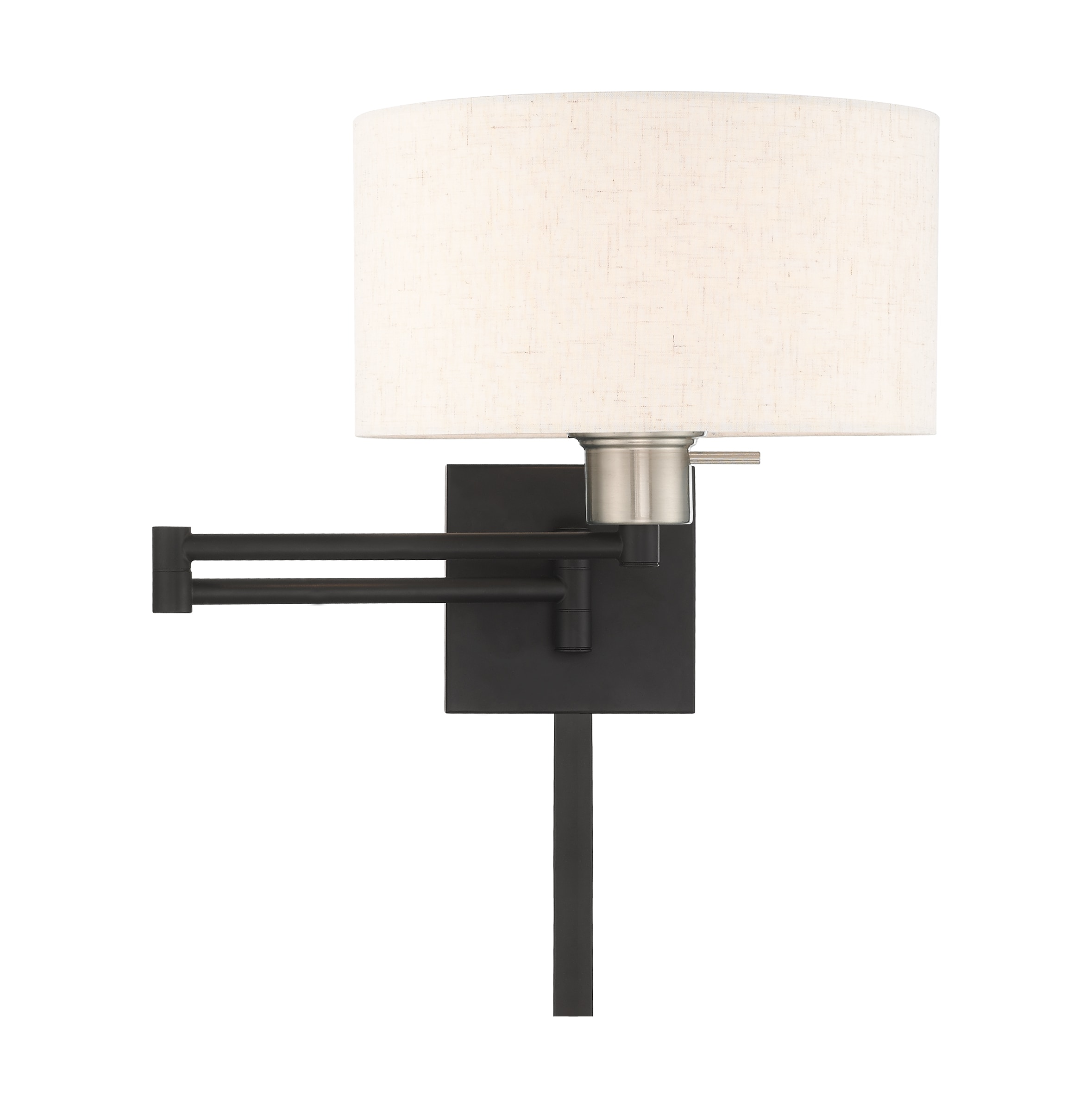 Black Steel Swing Arm Wall Lamp with Oatmeal Fabric Shade