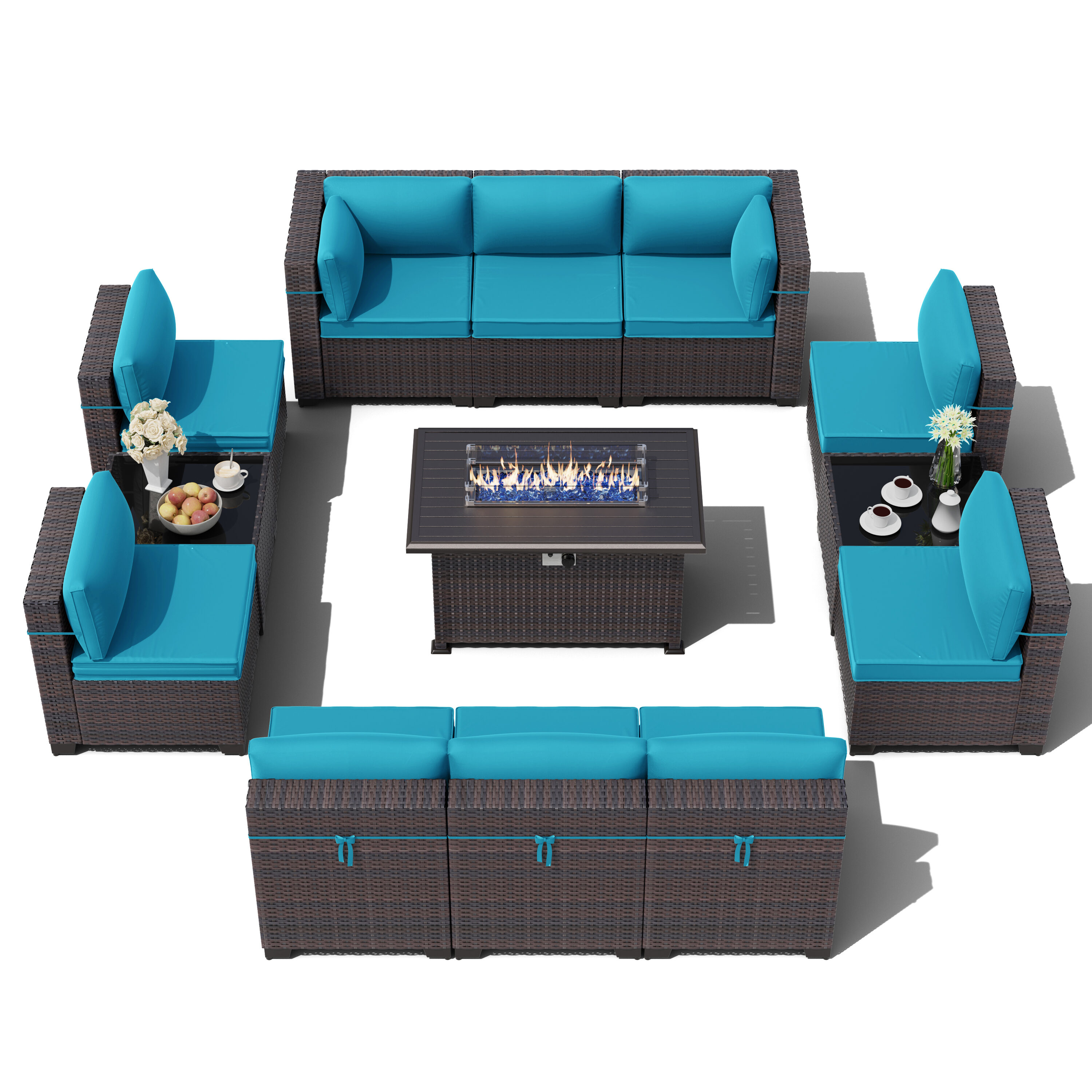 ALAULM LS-2A2BC+1-BLUE 13 -Piece Rattan Patio Conversation Set with Blue Cushions