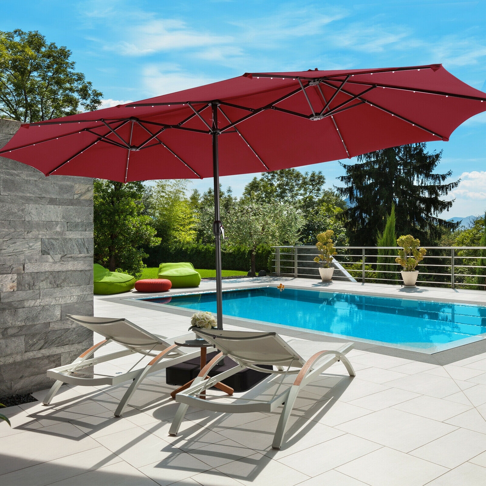 Forclover HBV-0247WN 15.4-Feet Steel Red Crank Market Patio Umbrella with Lights and with Base