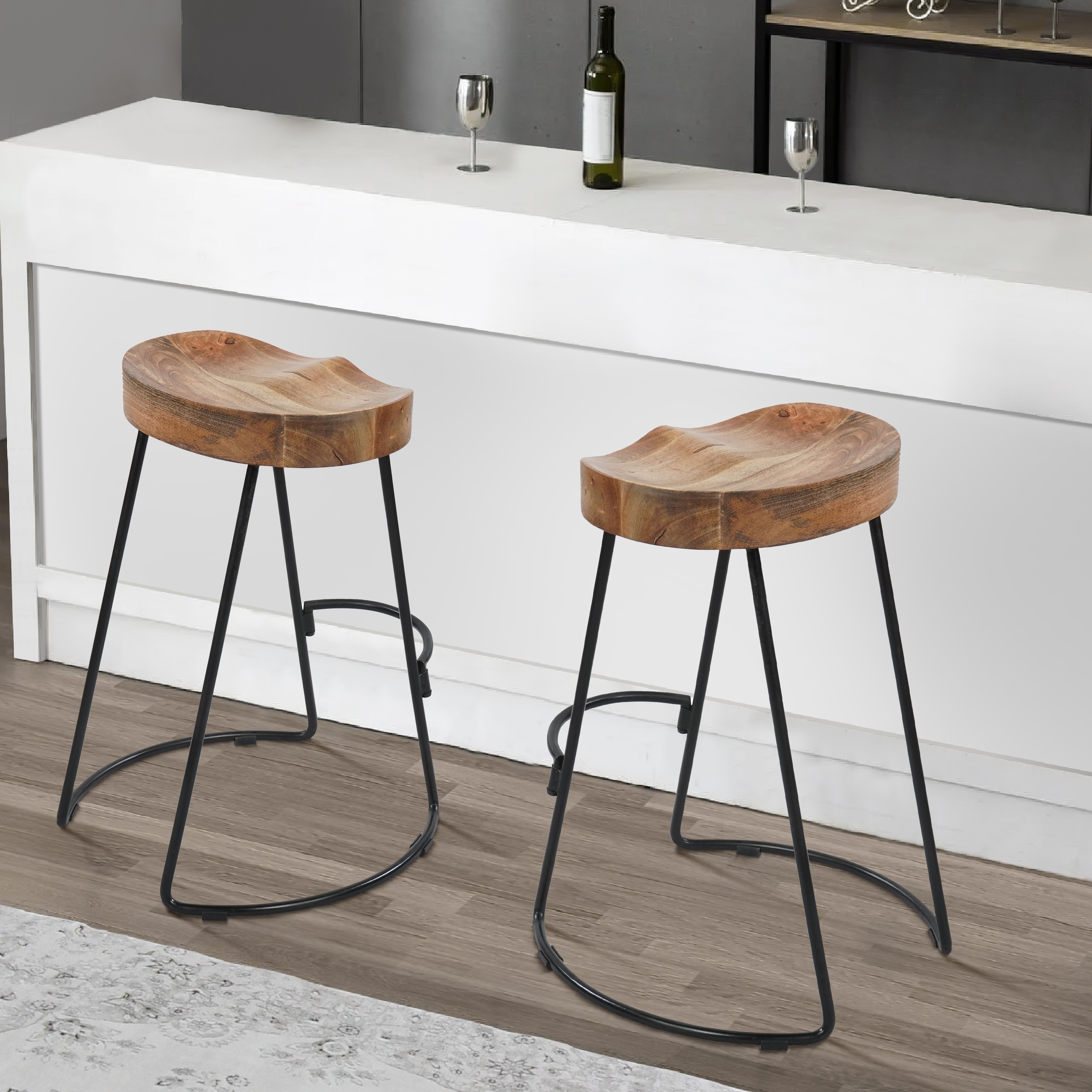 24" Brown and Black Wood Saddle Bar Stool with Metal Legs