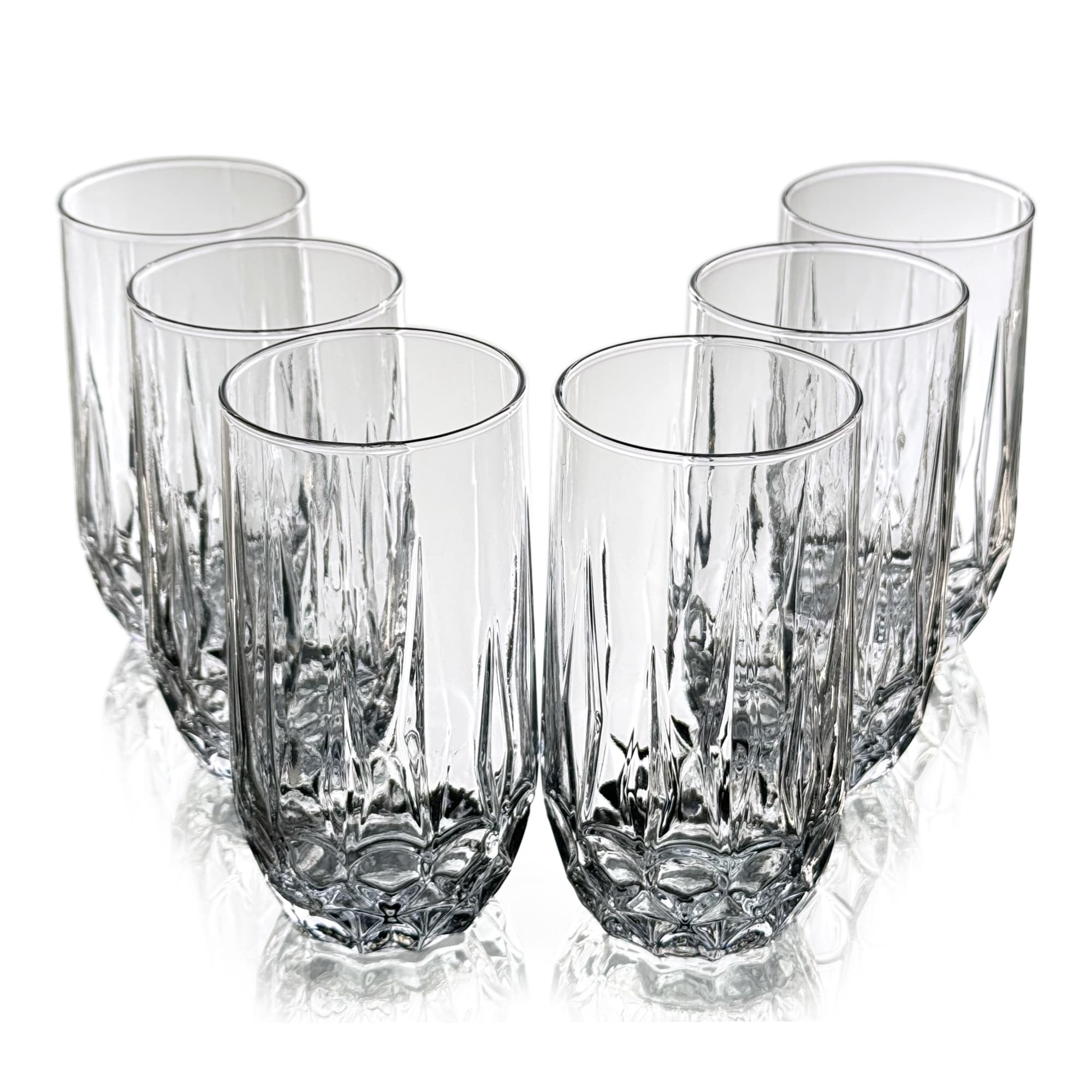 Slickblue 14 oz Lead Free Crystalline Glass Clear Glass Tumbler Set 6 Pack Floral Pattern for Water Juice Tea Soda and Cocktails