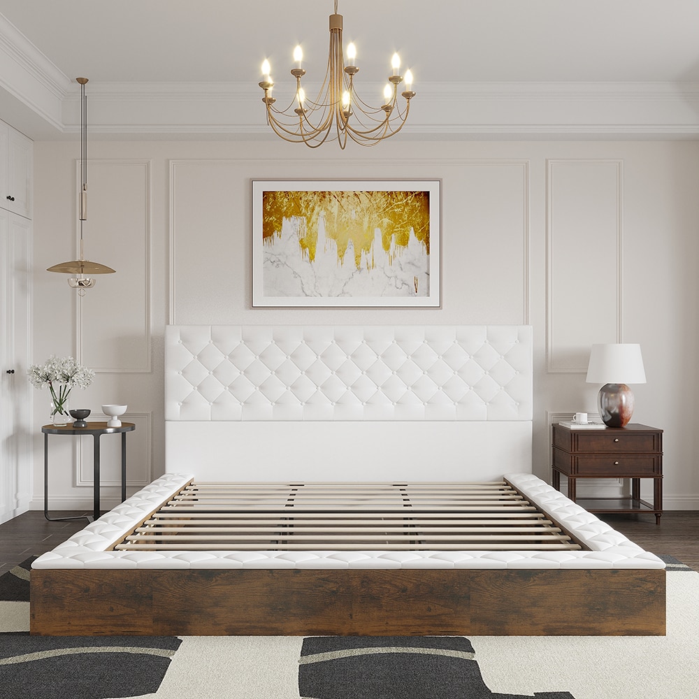 Homsee V-KF330085-03+04 White Metal Frame King Size Platform Bed with 7 Drawers Color Changing LED Lights Bluetooth