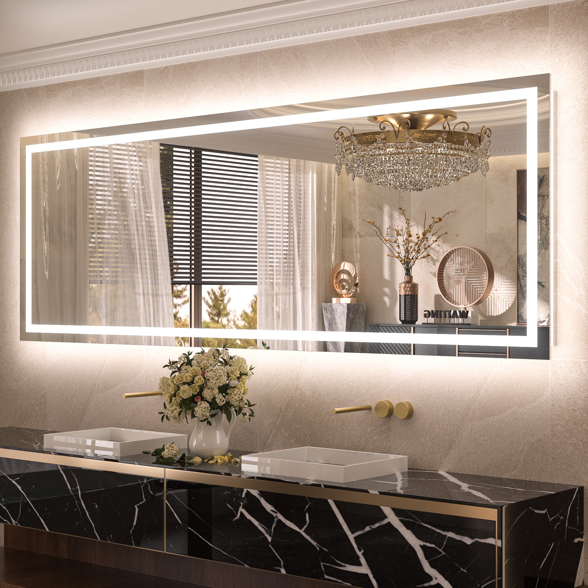 TETOTE 96 x 36 in Polished Frameless Rectangle Dimmable LED Lighted Frontlit and Backlit Light up Anti Fog Mirror Bathroom Vanity Mirror #LSC-TE-9636-B33