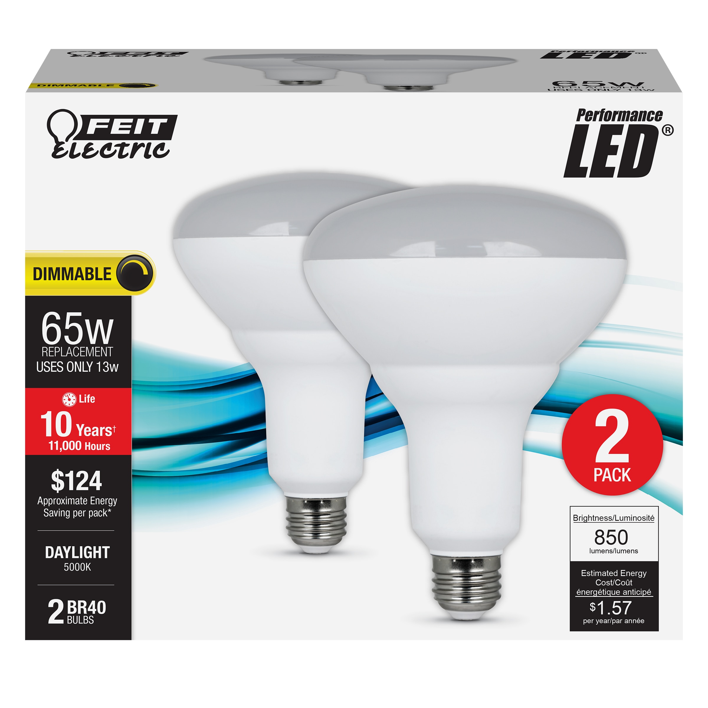 Feit Electric BR40DM/850/10KLED/2 LED DIMMABLE 65 -Watt EQ BR40 Daylight E26 Dimmable LED General purpose Light Bulb 2 -Pack