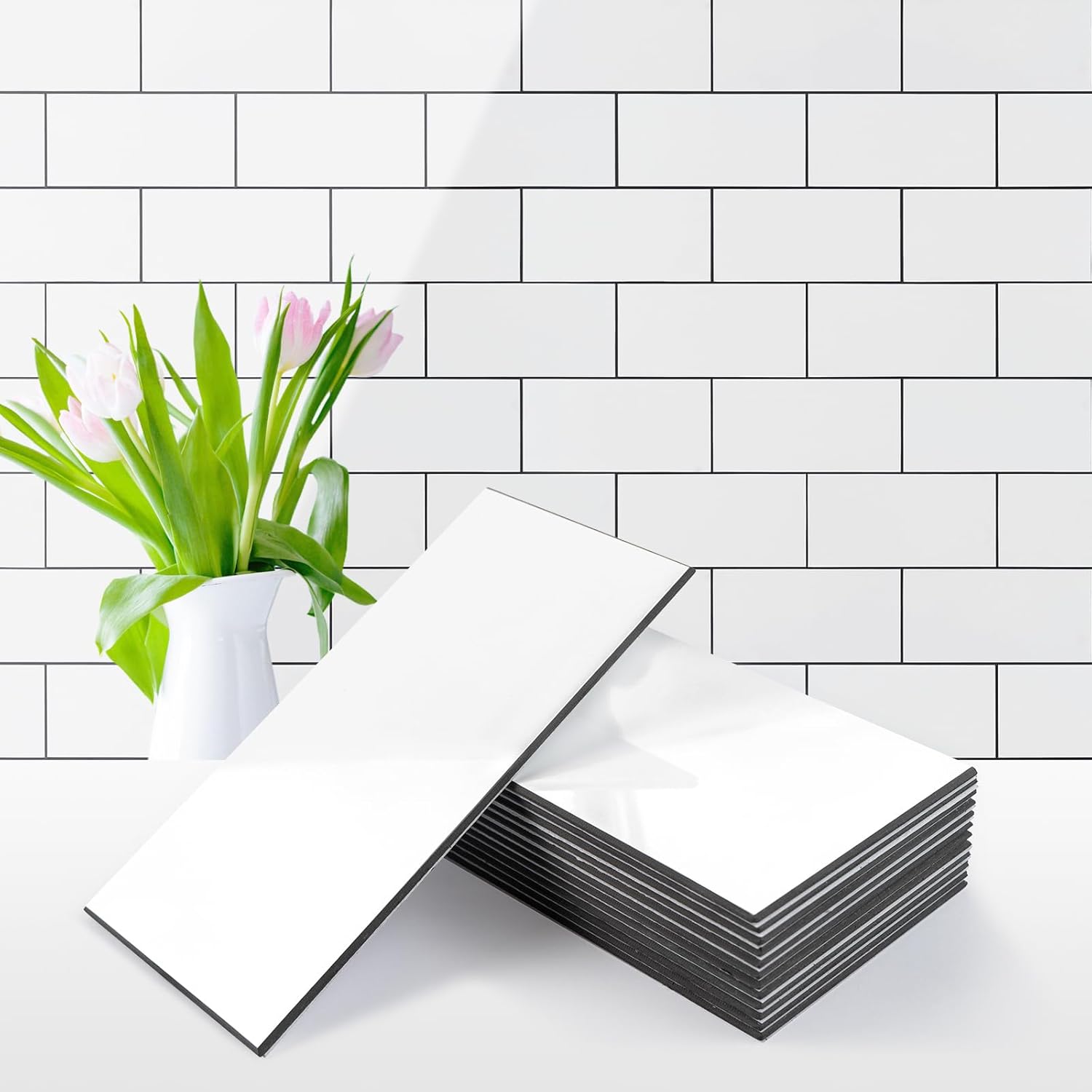 Vamos Tile  100 Piece Glossy Pure White Peel and Stick Backsplash Tile 3 Inch x6 Inch PVC Subway Tile with Dark Gray Grout Stick on Backsplash for Kitchen Bathroom Fireplace