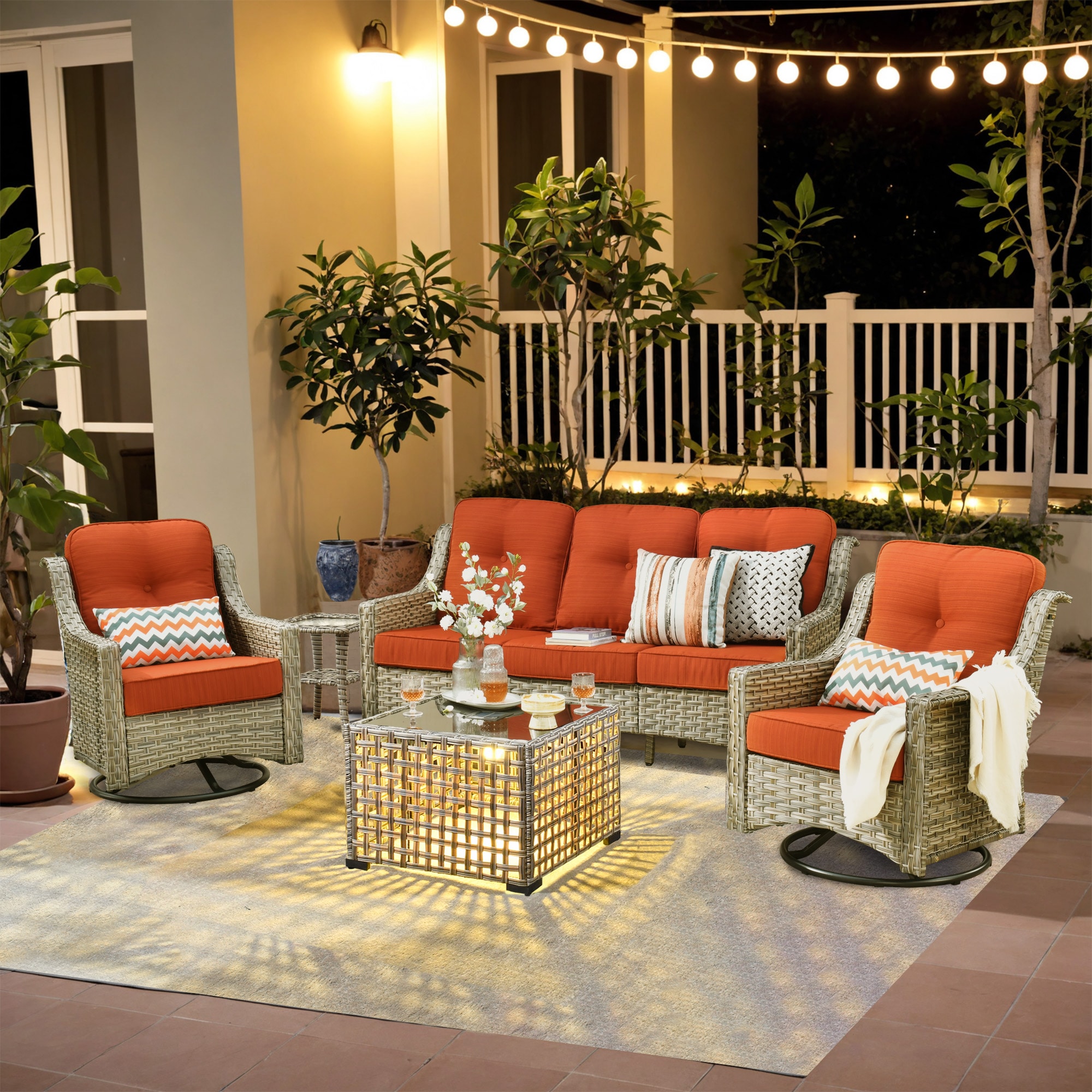 weaxty HMBYZPAD805-T Aireno 5 -Piece Rattan Patio Sofa Conversation Set with Orange Cushions