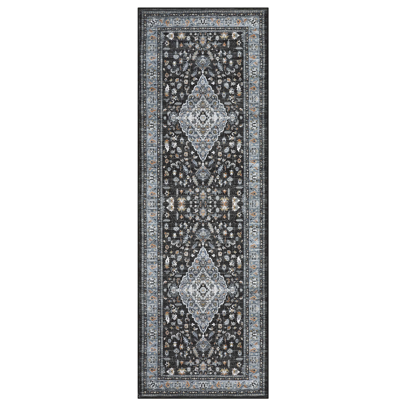 WhizMax SUNNY-PHK-33SGHB6R 2 x 6 ft Polyester Black Rectangular Hallway Entryway Bathroom Kitchen Floral Print Vintage Machine Washable Runner Rug