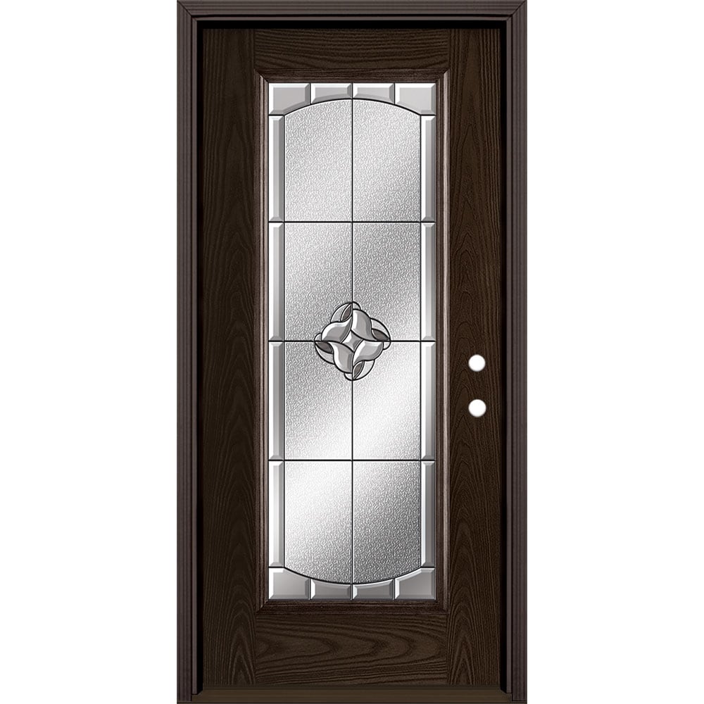 Masonite 3422967 Rozet 36-in x 80-in x 4-9/16-in Fiberglass Full lite Left-hand inswing Walnut Stained Prehung Single door Front Door with Brickmould Insulating core Decorative glass