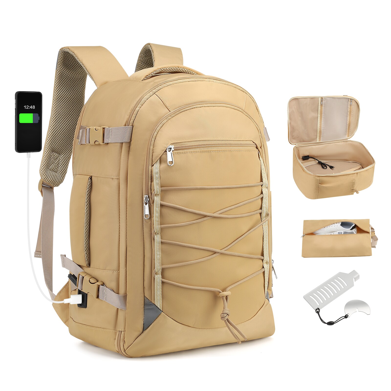 Unique Bargains Carry on Travel Backpack Flight Approved Personal Item Bag for Men Women Door Lock USB A/C Port Shoe Bag Fits 16inch Laptop Khaki
