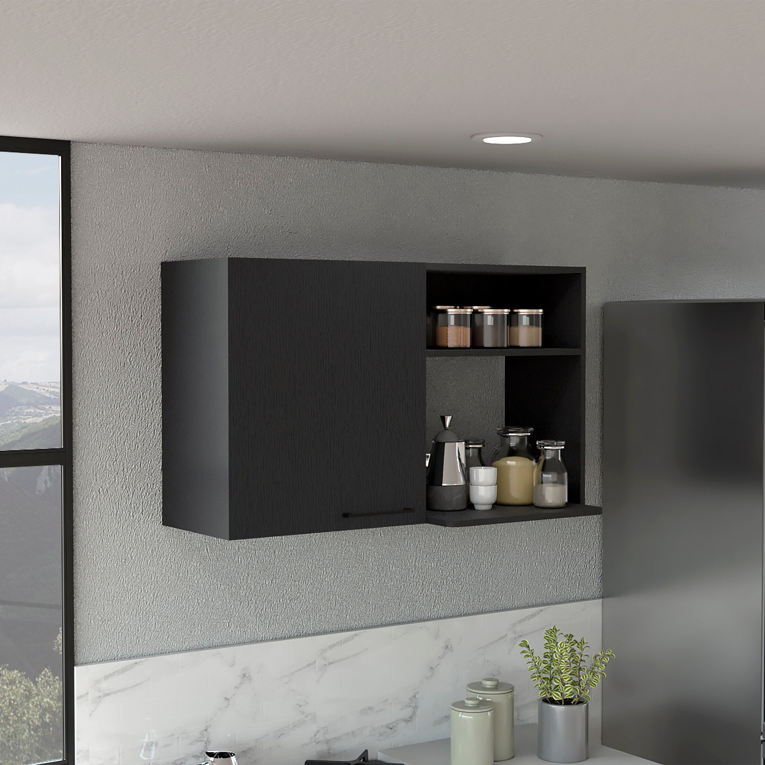 LOVMOR Stackable Wall Storage Cabinet 24Inch H Two Internal Shelves Two External Storage Shelves One Door Black