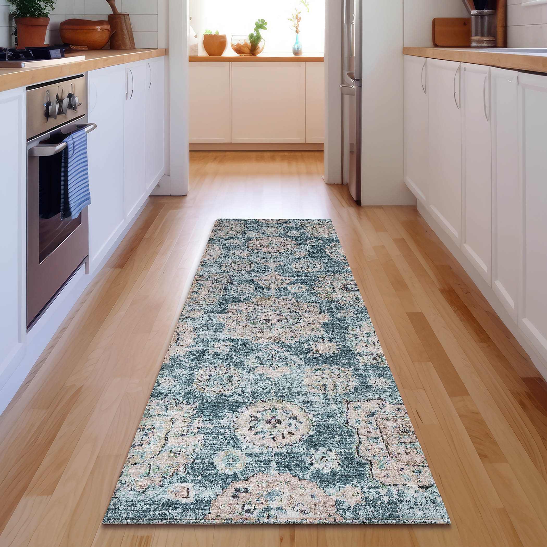 Addison Rugs AMF634TE2X8 Mayfield AMF634TE 2 x 7 (ft) Polyester Teal Rectangular Indoor Floral/Botanical Machine washable Runner rug