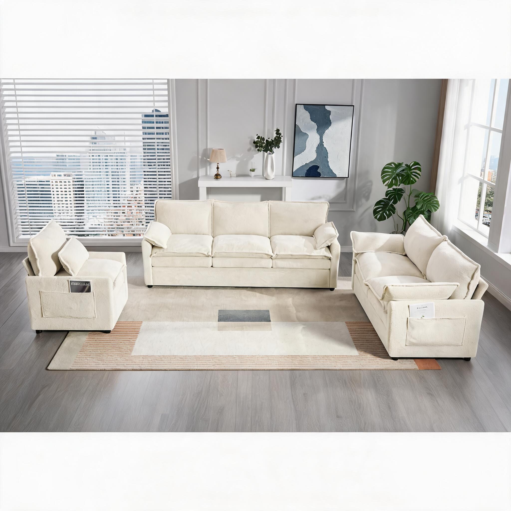 SunJet Living Room Sectional Sofa in Cool Gray Faux Fur with