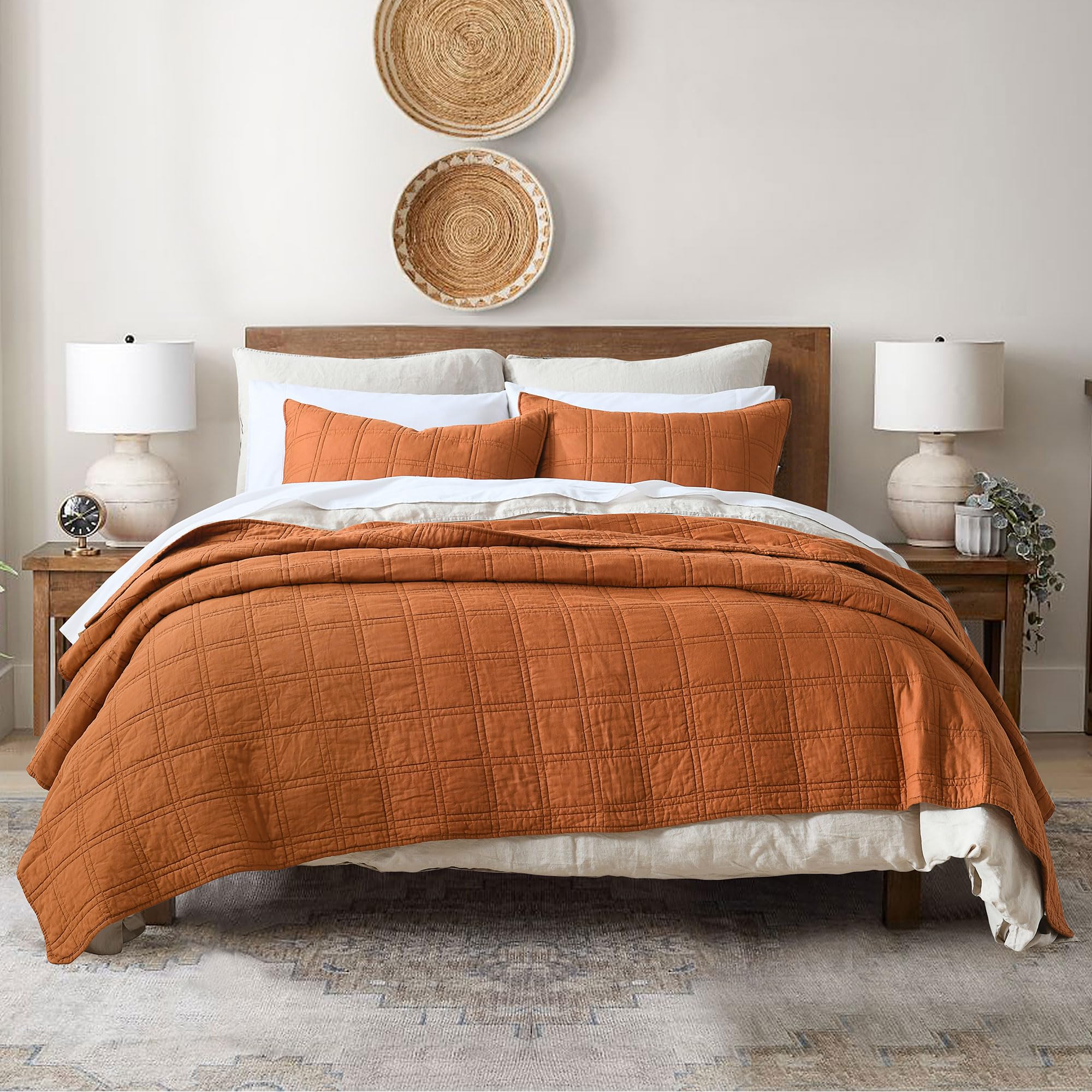 WZKZLH Burnt Orange Full and Queen 3 Piece Cotton Quilt Set Pre Washed Geometric Pattern Lightweight All Season Bedding Cover With Pillow Shams