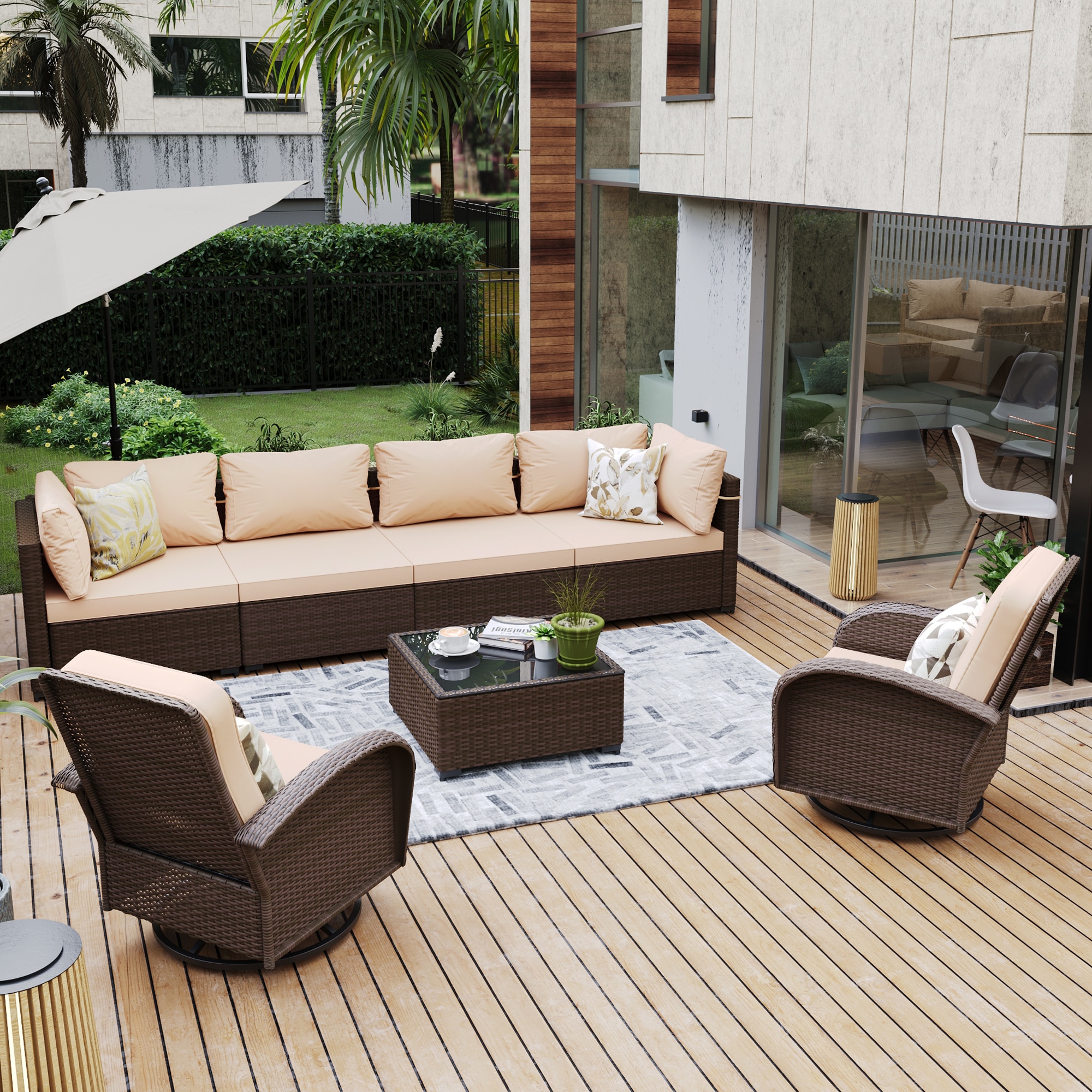 UPHA PL-CZY11-Z1 Wicker Patio Conversation Set Sectional Seating Set 7 -Piece Wicker 4 Patio Sofa Conversation Set with Beige Cushions