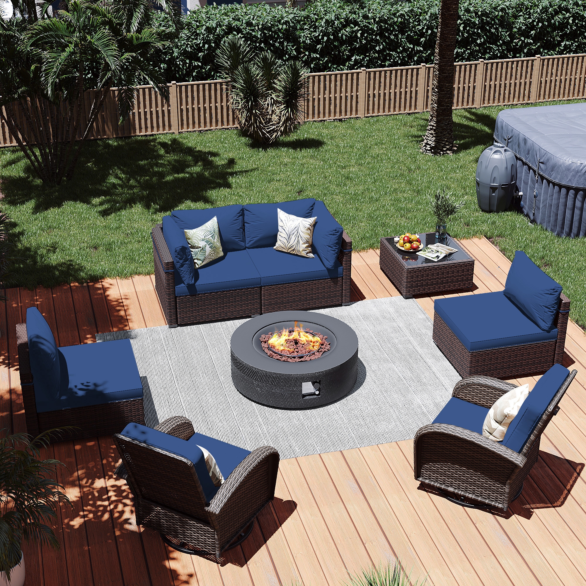 Patio Watcher LS-RT5Y11-42XWDK-B2 8 -Piece Rattan Patio Conversation Set with Blue Cushions