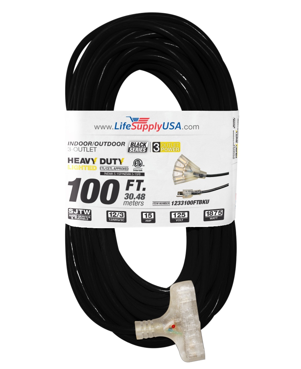 LifeSupplyUSA 100-ft 12/3-Prong Indoor/Outdoor Sjtw Heavy Duty Lighted Extension  Cord in the Extension Cords department at
