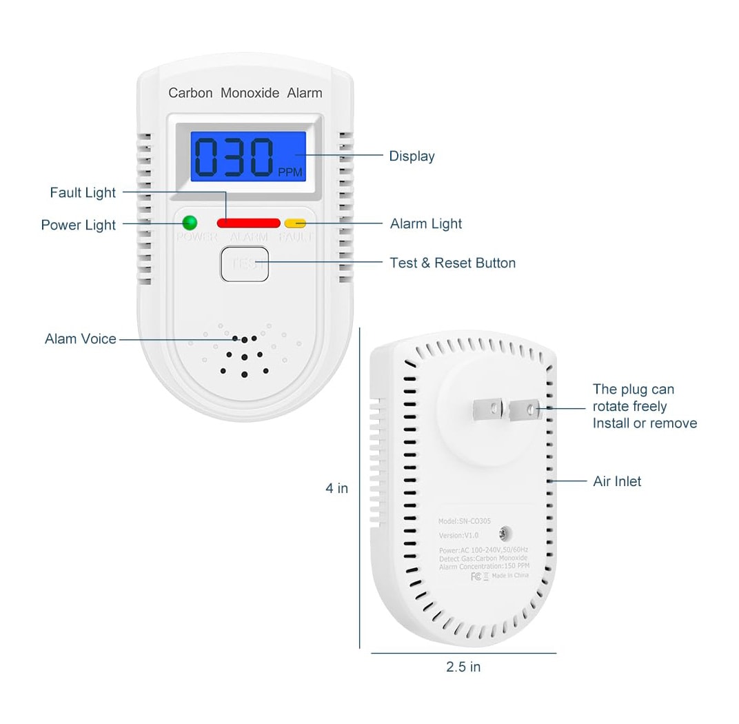 Etokfoks  Plug In Carbon Monoxide Detector 1 Pack AC Powered CO Alarm with LCD Di