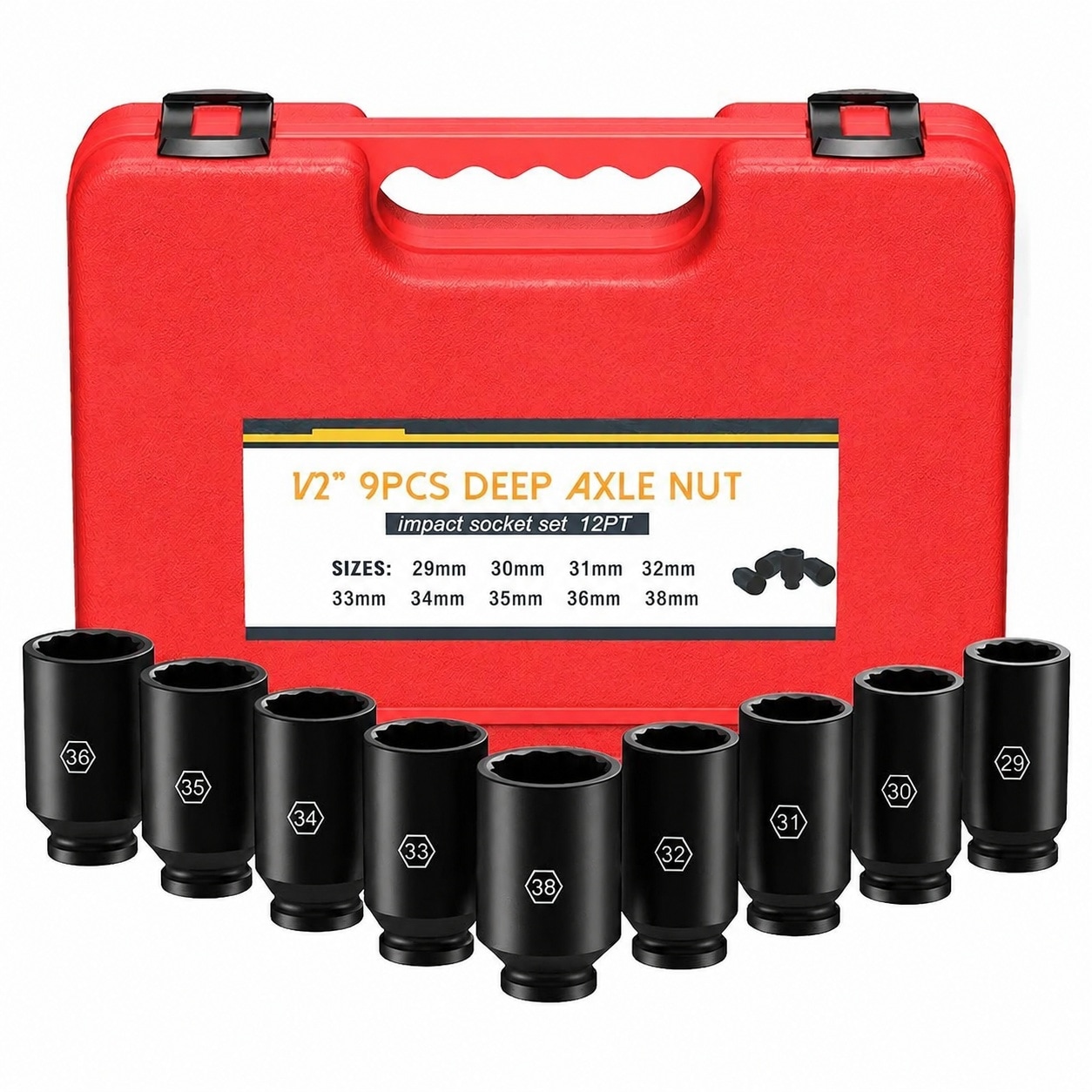 KIWDZFU  1/2 in 9 Piece Deep Axle Nut Impact Socket Set CR Mo Steel 12 Point Design Metric Sizes 29mm to 38mm durable home and garden accessory