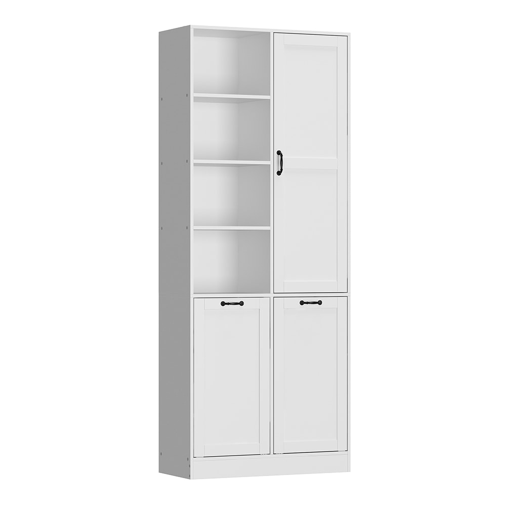 Homsee V-KF150190-01 White Wood Buffet Kitchen Storage Cabinet with Adjustable Shelves Flip Trash Bin Drawers and Open Display Racks
