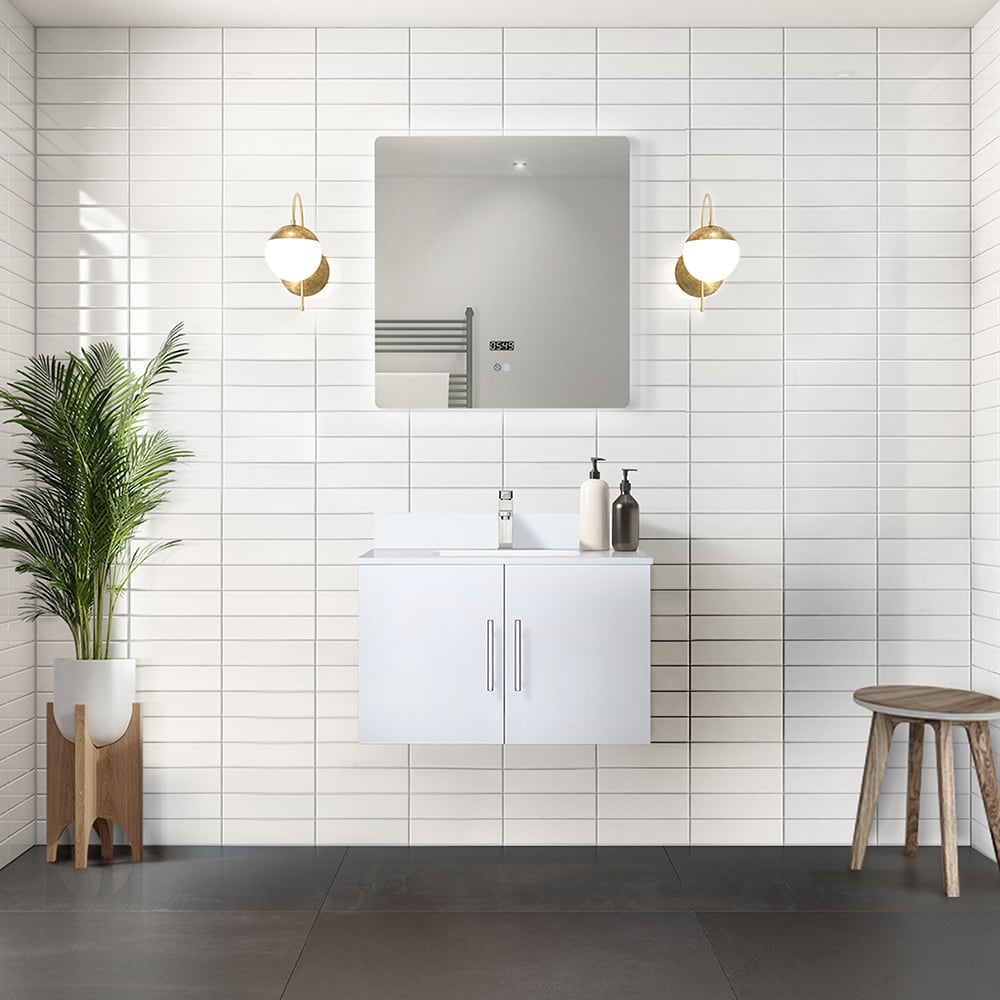 Lexora LVG30SM211 Geneva 30-in Glossy White Undermount Single Sink Floating Bathroom Vanity with White Quartz Top (Mirror and Faucet Included)