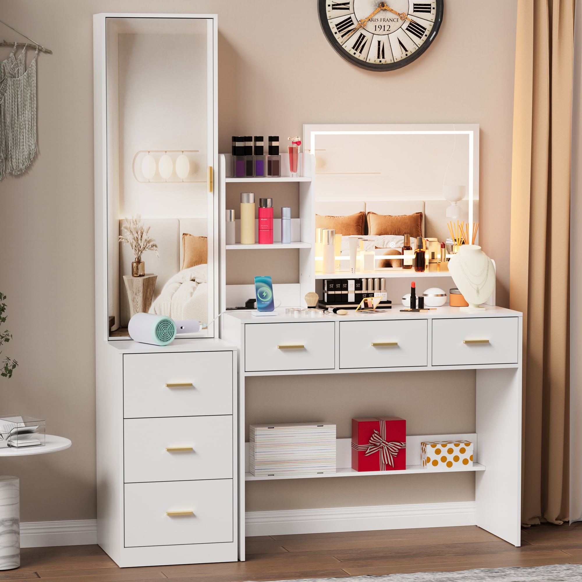 Vanity Set Dressing Table Bedroom Wood Modern Small Household Type Light  Luxury Locker Integrated Make-up Desk With Mirror And Drawers Free