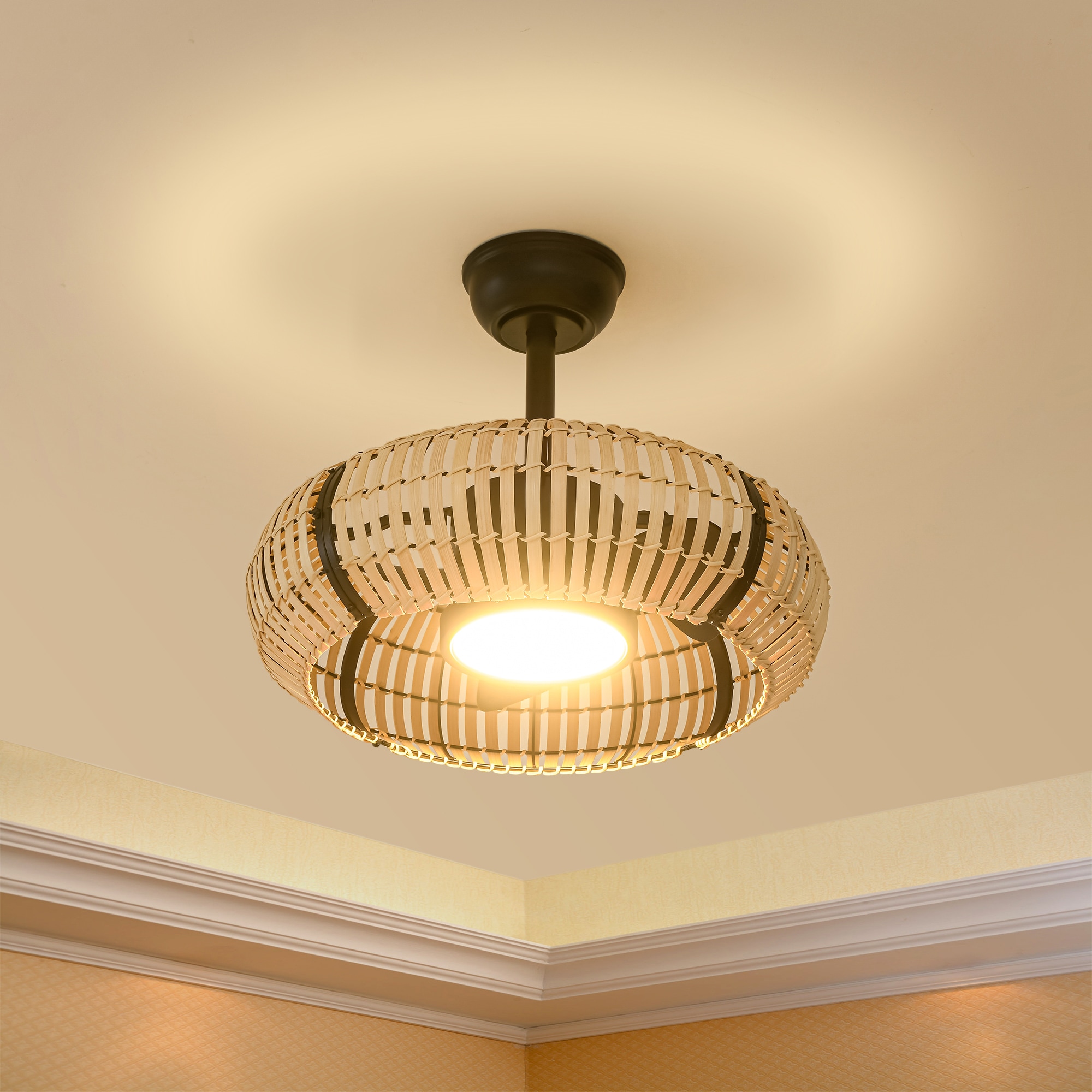 TALOYA  20 in Cage Ceiling Fan with Downrod Natural Bamboo Strips Integrated Dimmable LED Reversible DC Motor Remote Control