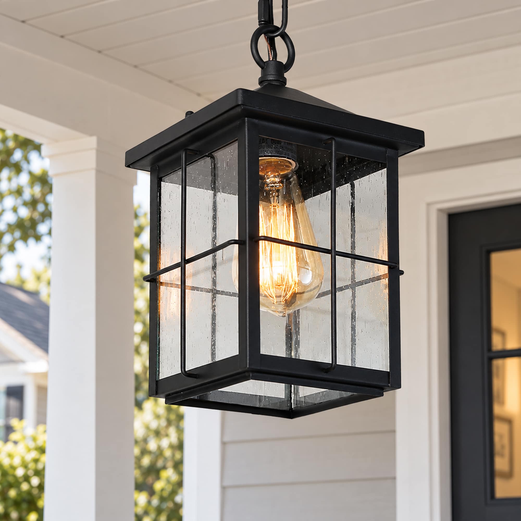 LNC Orlan 1 -Light Matte Black Farmhouse Seeded glass Lantern Mini Outdoor Hanging Pendant Light