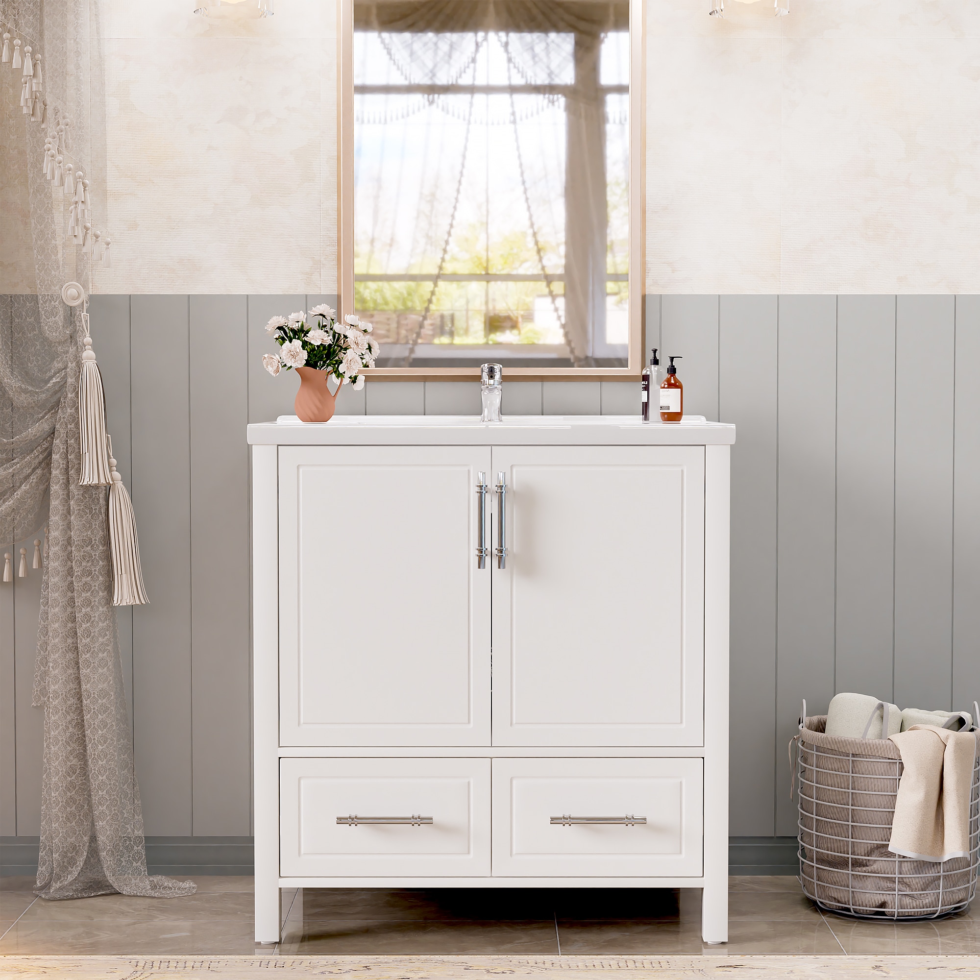 JEAREY - bathroom vanity 30-in White Single Sink Bathroom Vanity with White Marble Top