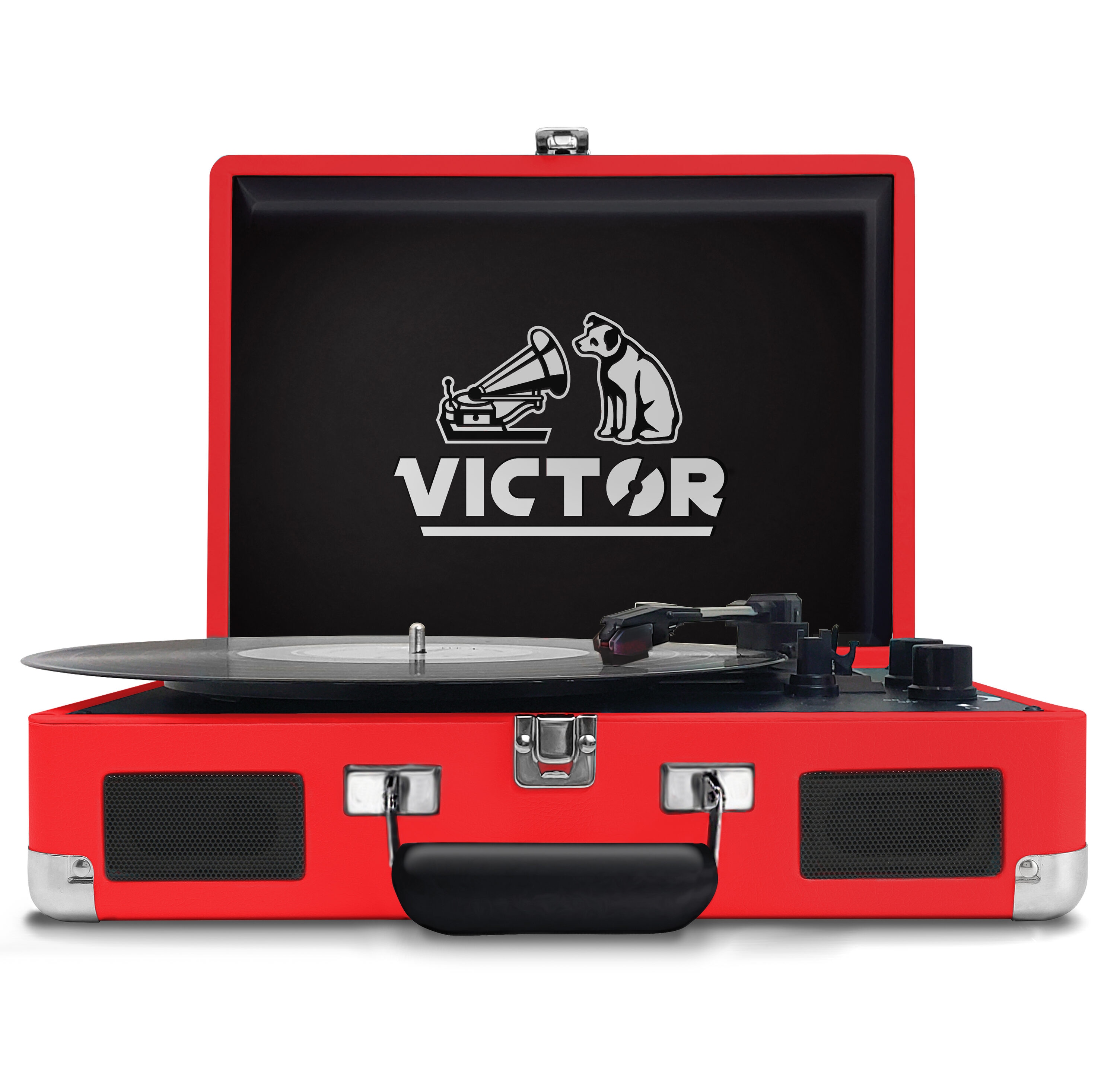 Portable Red Turntable with Built-In Speakers, Bluetooth, and USB Connectivity | - Victor VSRP-800-RD