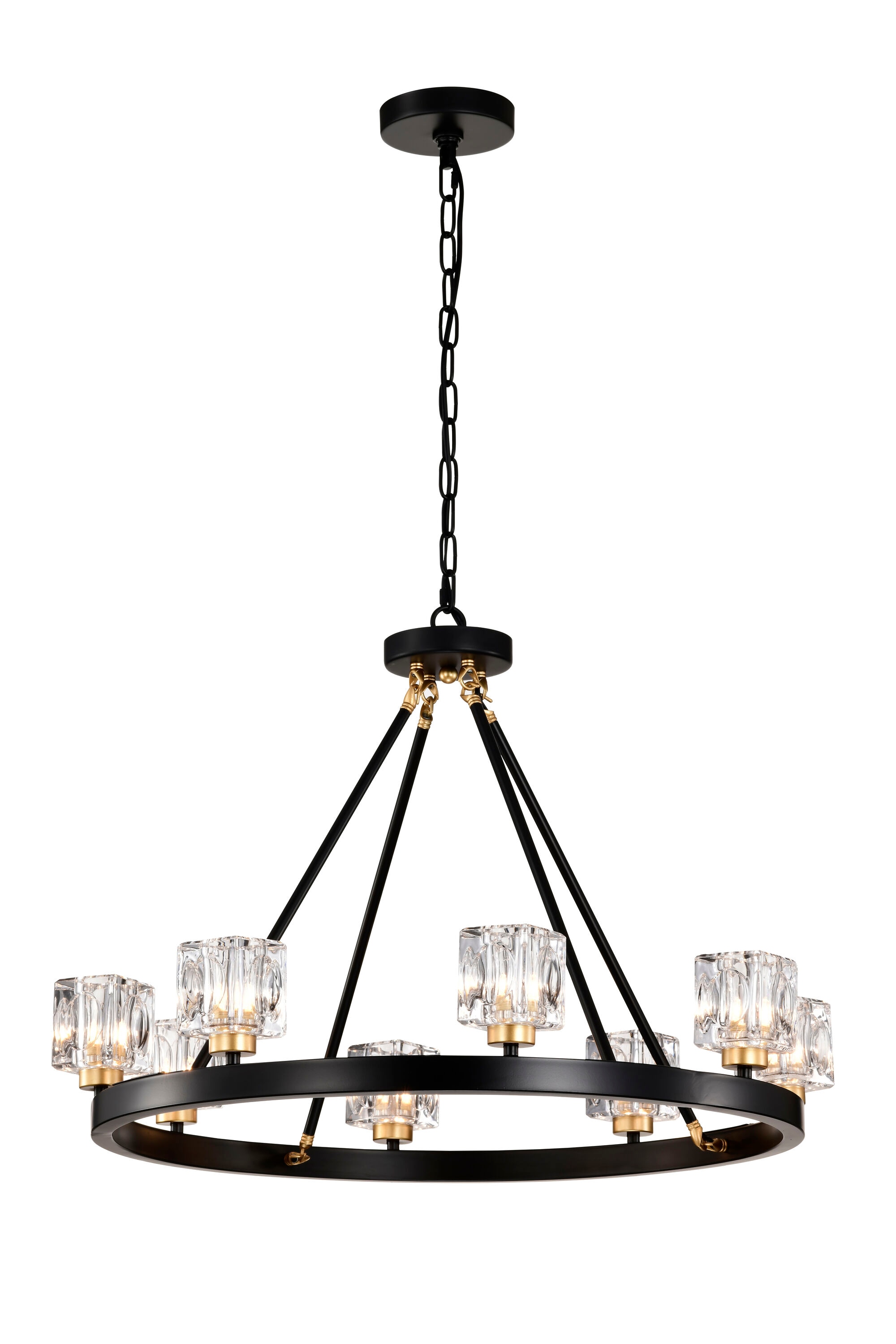 LUXEYARD Matte Black + Gold Wagon Wheel Chandelier Farmhouse Modern Small Crystal Round Chandelier for Living Room Kitchen Island Foyer Hallway Entryway Bedroom Rustic Dining Room Light Fixture Ceiling Hanging