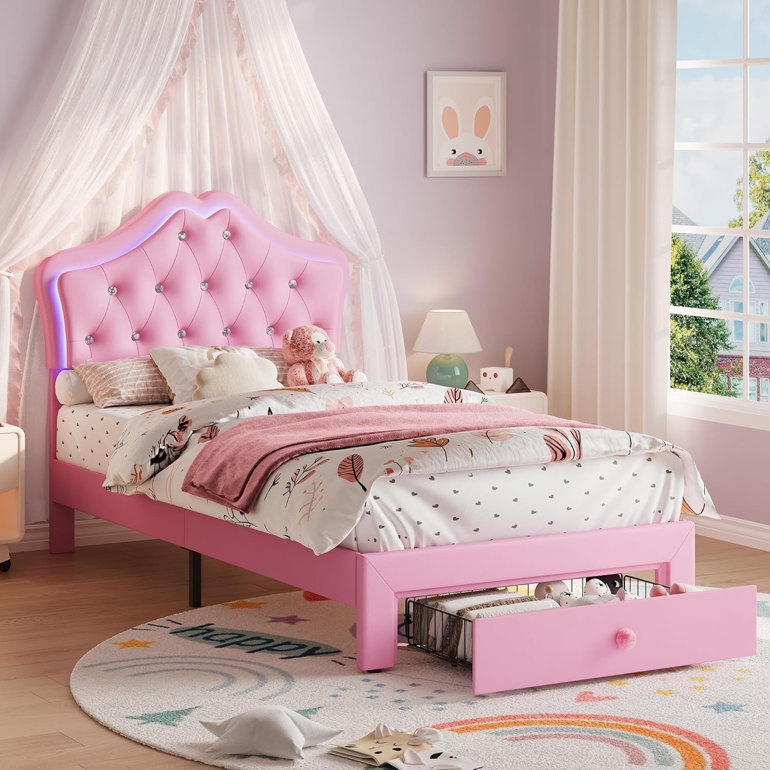 Twin Velvet Upholstered Platform Bed LED Lights Crystal Button Headboard Storage Drawer Noise-Free No Box Spring Pink