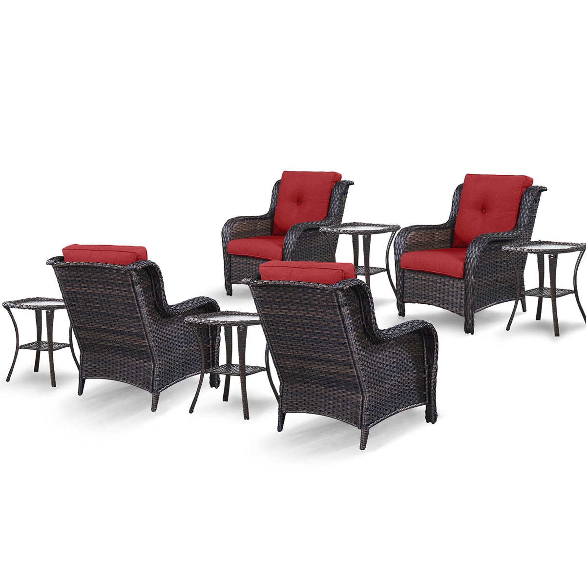 Rilyson FS006X2025X4-5 Curved handrail Set of 4 Wicker Brown Wicker Frame Stationary Conversation Chair with Red Red Cushioned Seat