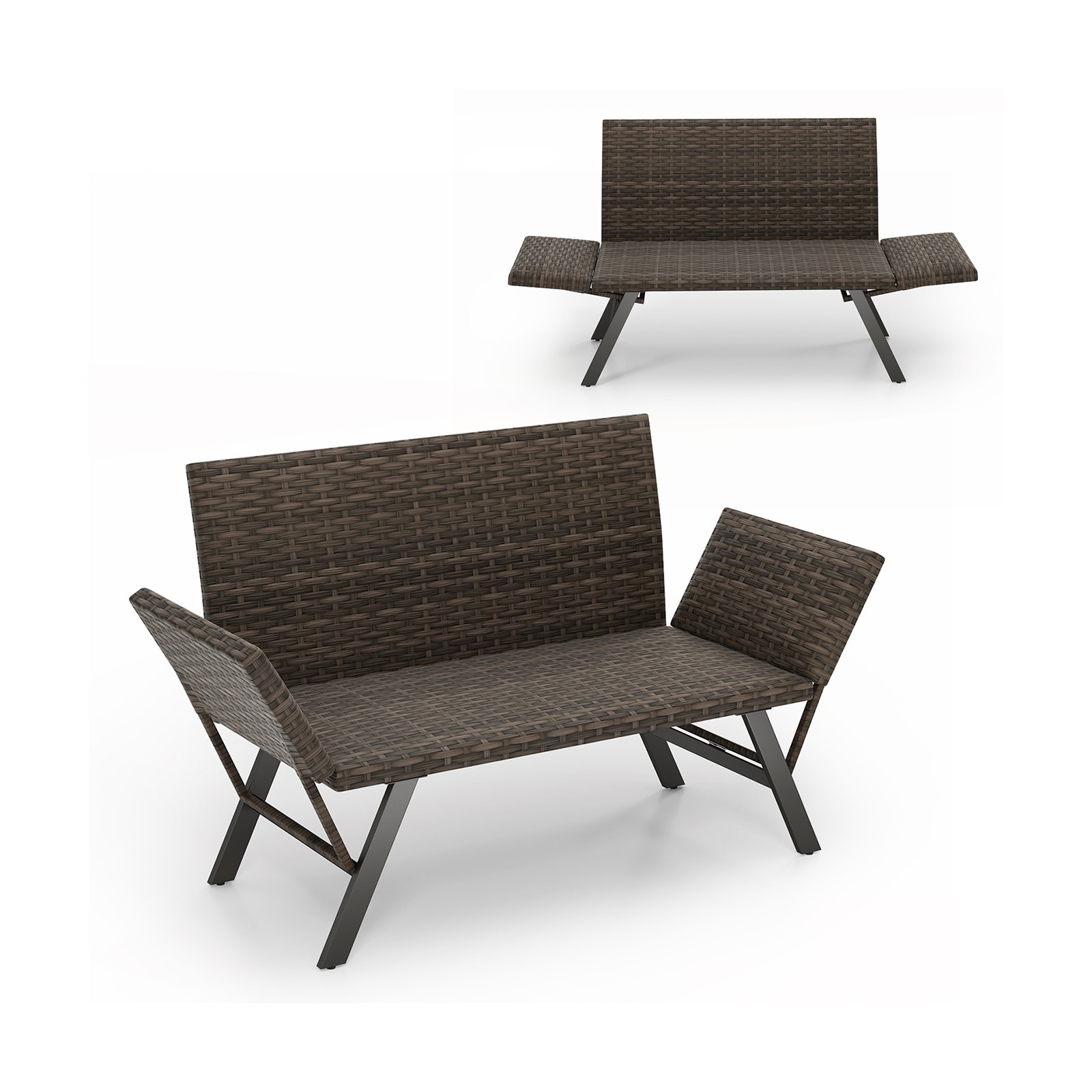 Volenca - Patio Convertible Loveseat Sofa with Armrests PE Rattan Quick-Dry Foam