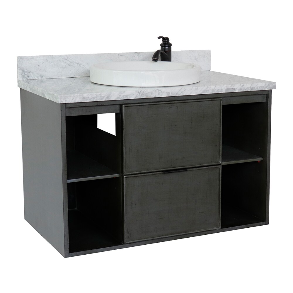 The Scandi Collection 37-in Linen Sage Gray Single Sink Floating Bathroom Vanity with White Carrara Marble Top | - Bellaterra Home LV0502-CAB-LY-WMRD