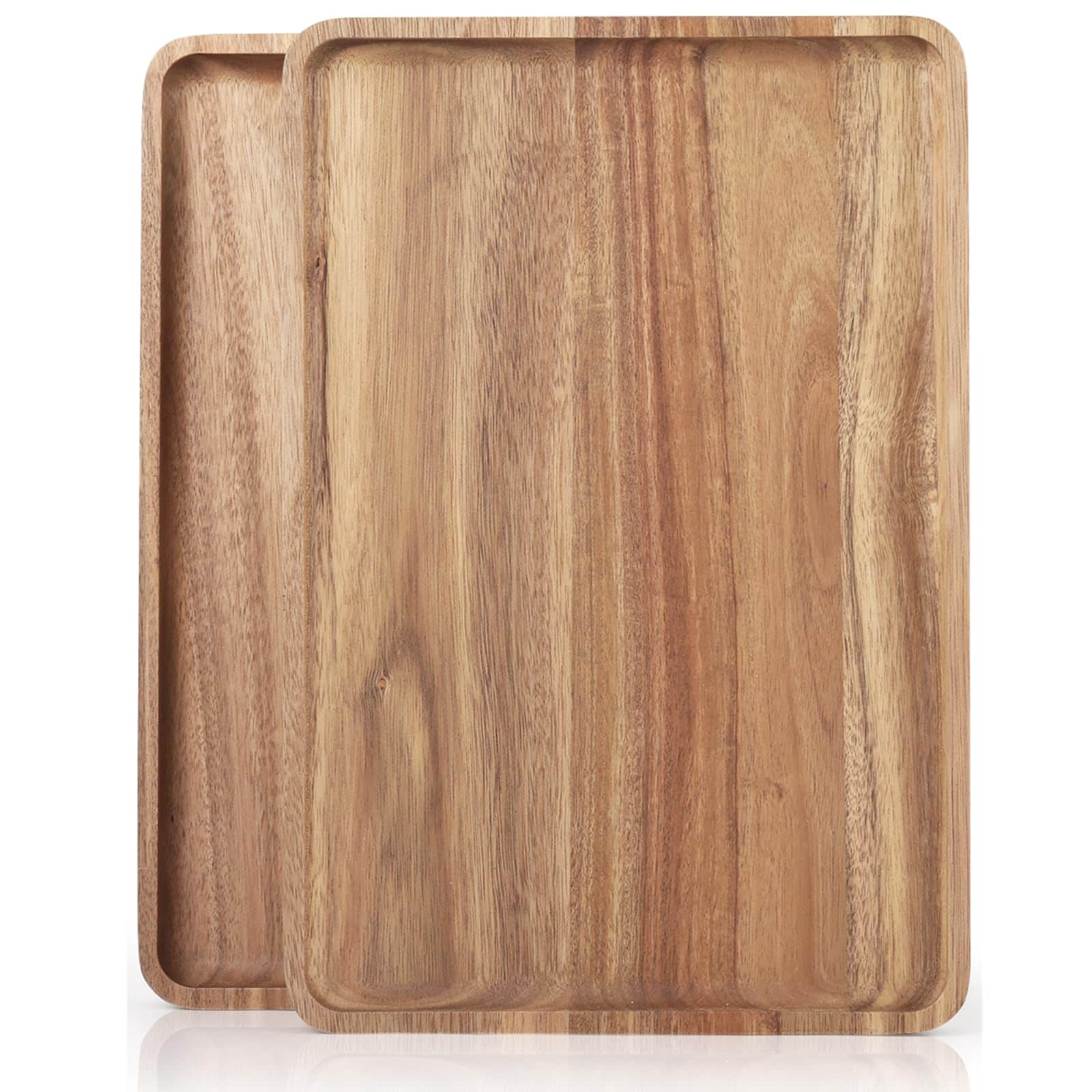B&W  2 PCS 16 by 12 in Large Solid Acacia Wood Serving Trays Rectangular Wooden Platters Natural Wood Boards for Bar Coffee Party