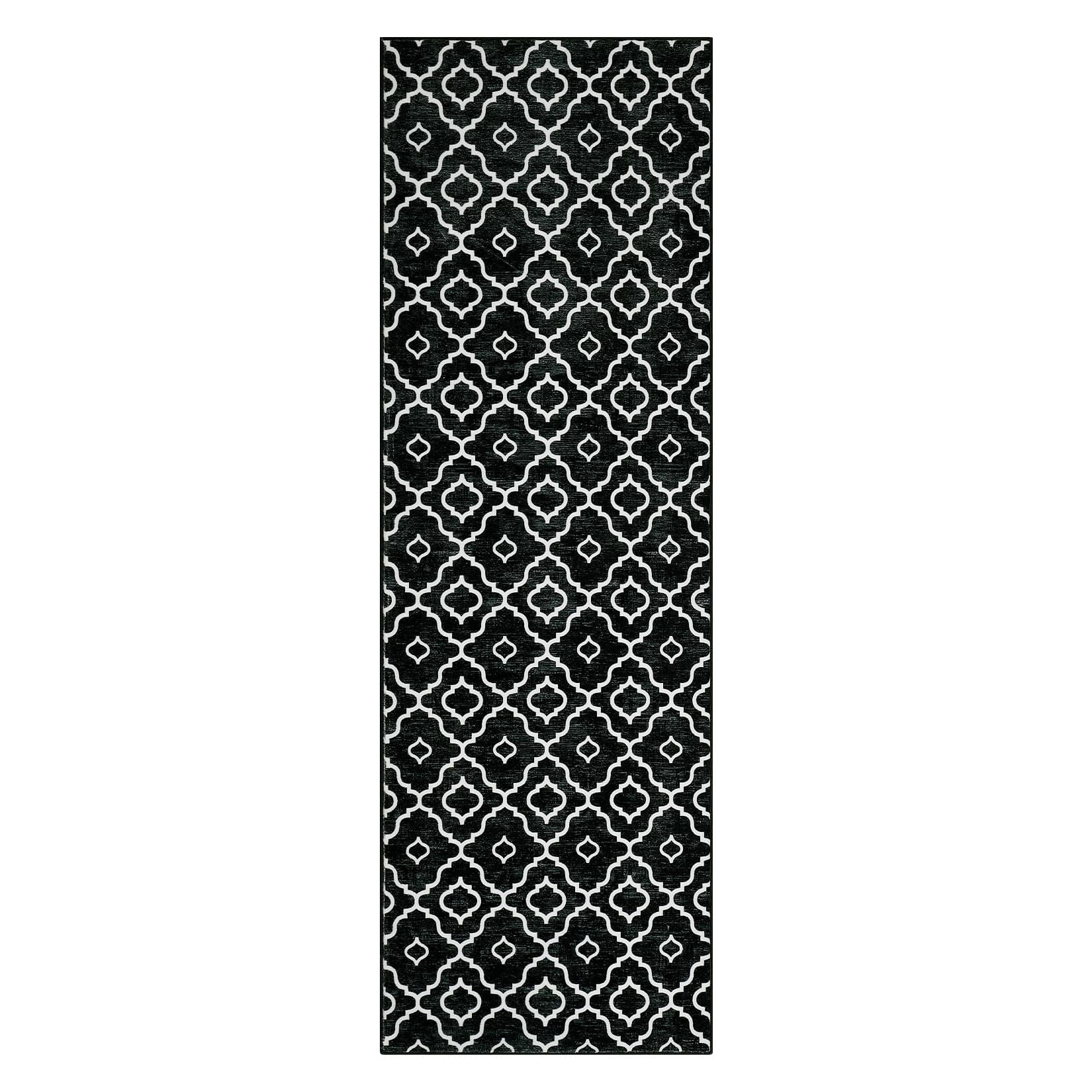 Qeetex LSN-PHO-117UQHQO 2 x 6 ft Polyester Imitation Cashmere Black Rectangular Hallway Bathroom Entryway Kitchen Office Foldable Lantern Printed Modern Washable Area Rug
