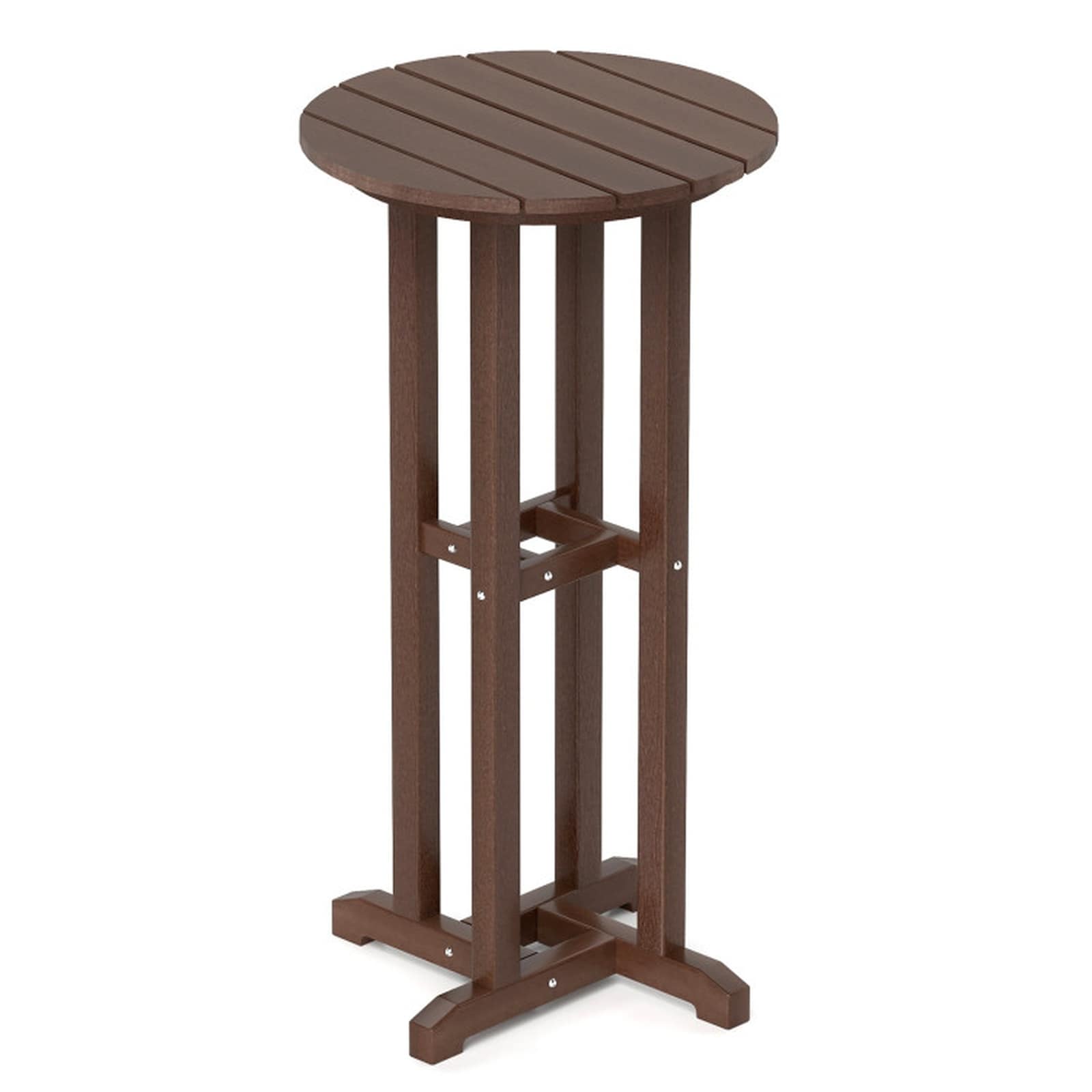 SUGIFT 21.5-in dia Round Bar Height Patio Table 42-in Tall Weather-Resistant HDPE Slatted Tabletop with Stainless Steel Hardware 110-lb Capacity Fits Stools with 25.5-in to 31.5-in Seat Height for Backyard Poolside Balcony Deck Garden - Brown