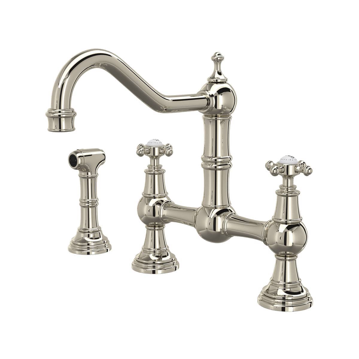 Rohl U.4755X-PN-2 Edwardian 1.5 GPM Deck Mount Bridge Kitchen Faucet in Polished Nickel with Cross Handles (Side Spray Included)