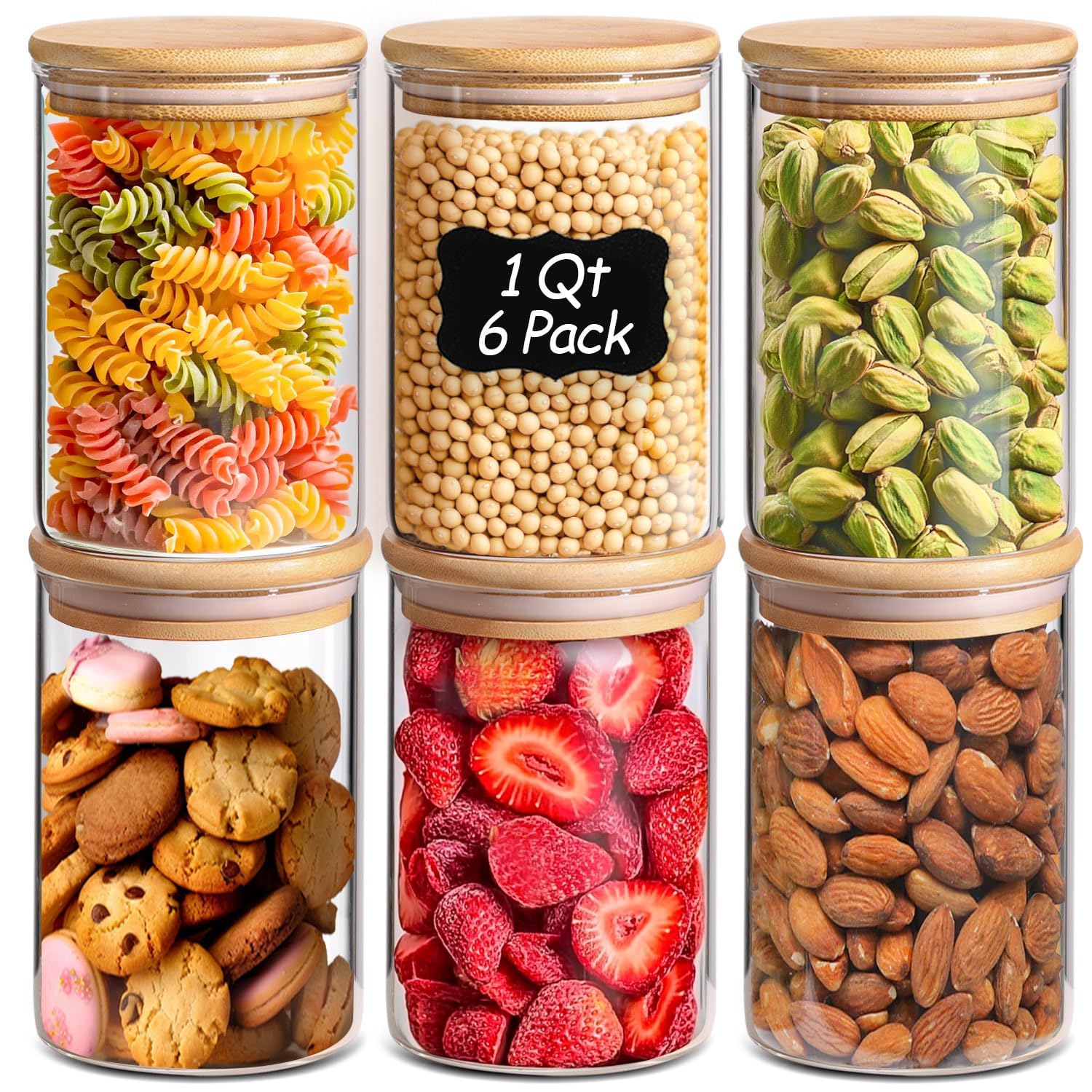 Linder Group Inc Glass Storage Containers with Lids Set of 6 1 Quart Clear Pantry Organizer Round Canisters Airtight Food Jars for Cookie Pasta Flour Rice Tea