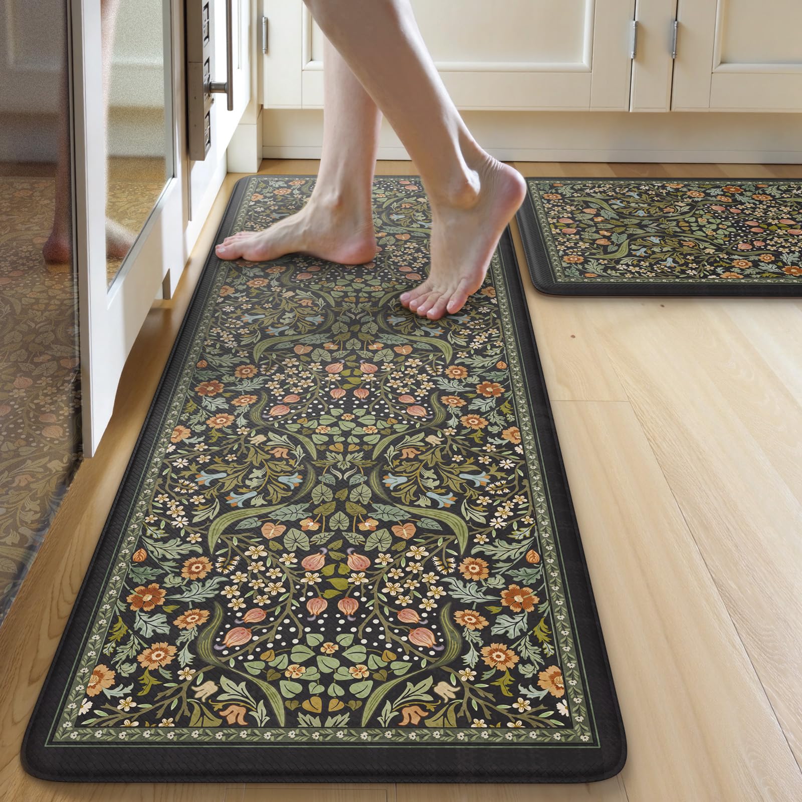 Lahome Kitchen Floor Mats 2 Piece 17.3 x 47 in and 17.3 x 29 in Cushioned Anti Fatigue Non Slip Waterproof Washable Vintage Spring Floral Comfort Mats for Sink Laundry Desk Bar Office Black