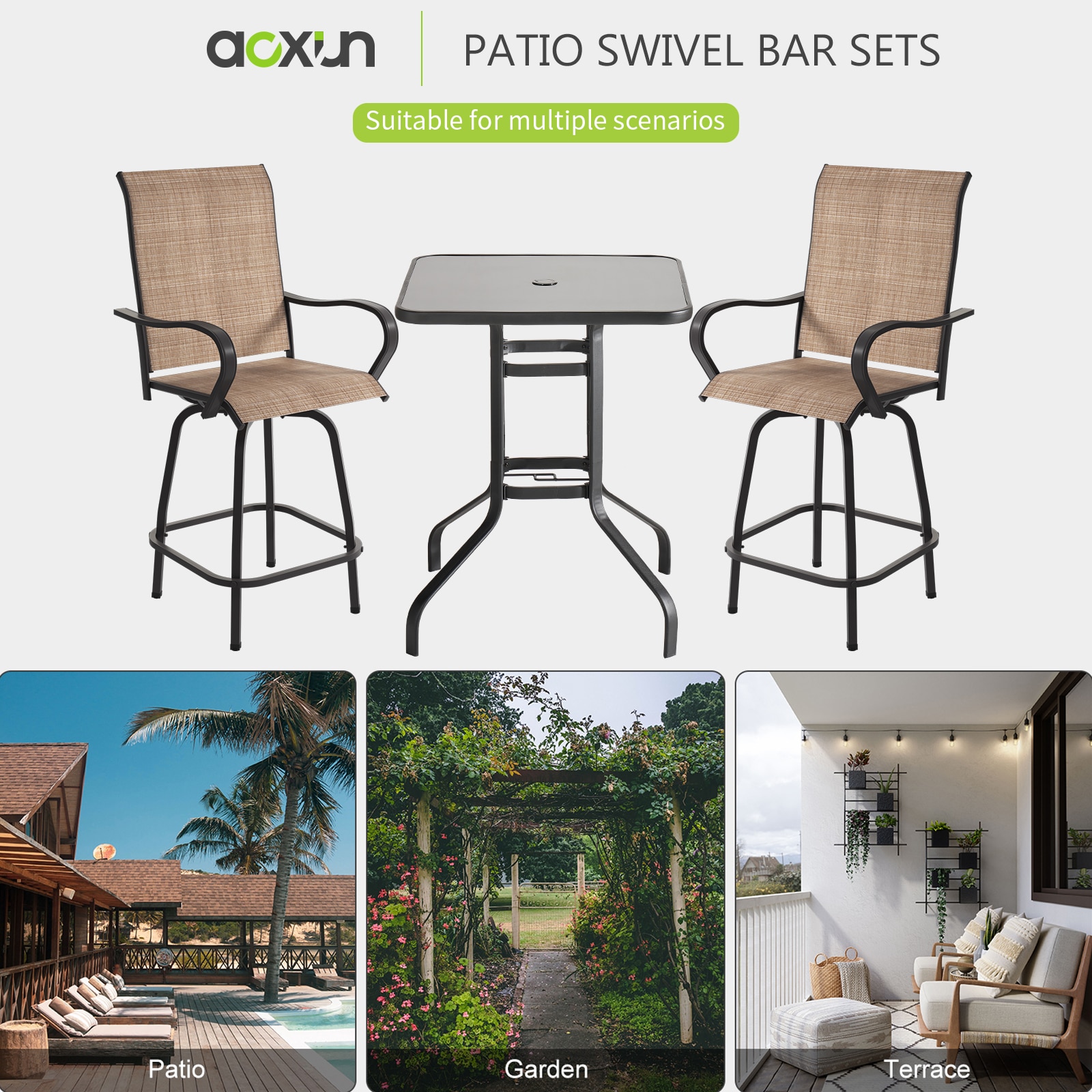 AOXUN Patio Chair Set Of 2 Rattan Brown Metal Frame Swivel Dining Chair ...