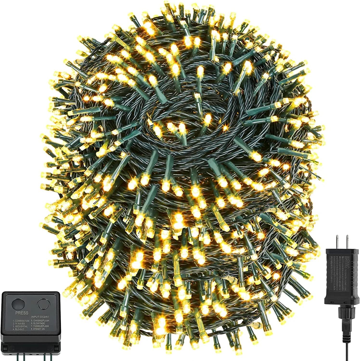 DYRCJ  Waterproof LED Outdoor Christmas String Lights 279 Feet 800 LED 8 Lighting Modes End to End Plug Warm White for Indoor and Outdoor Use